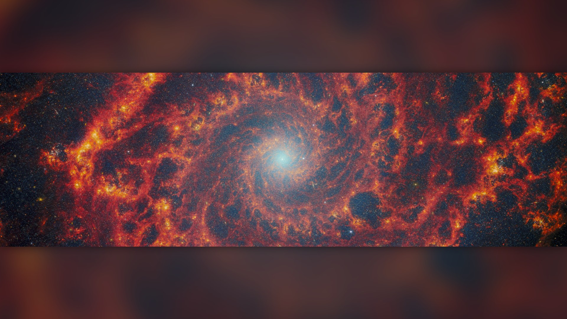 James Webb Space Telescope infrared view of Messier 74, showing intricate web-like spiral filaments of dust radiating from a bright galactic core.