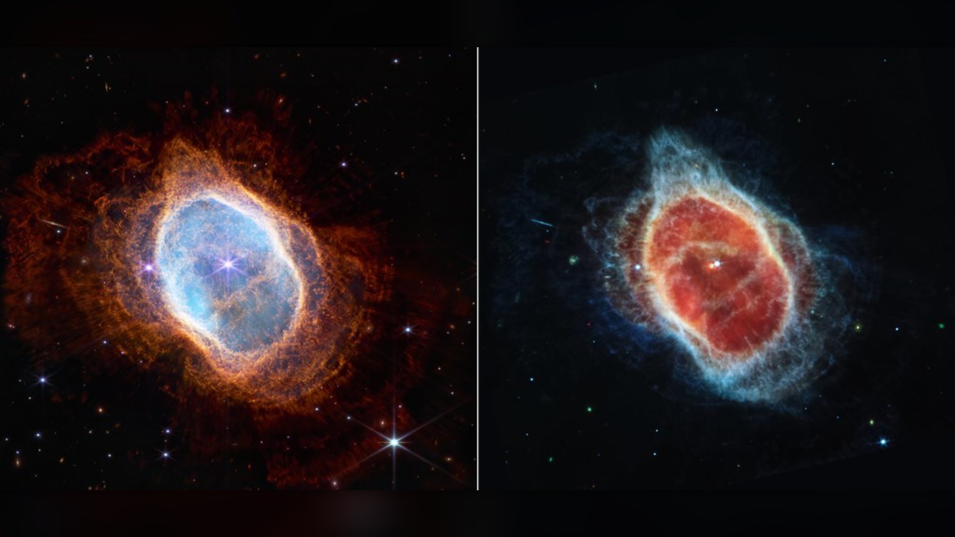 James Webb Space Telescope infrared image of the Southern Ring Nebula, showing concentric shells of glowing gas surrounding a central binary star system.