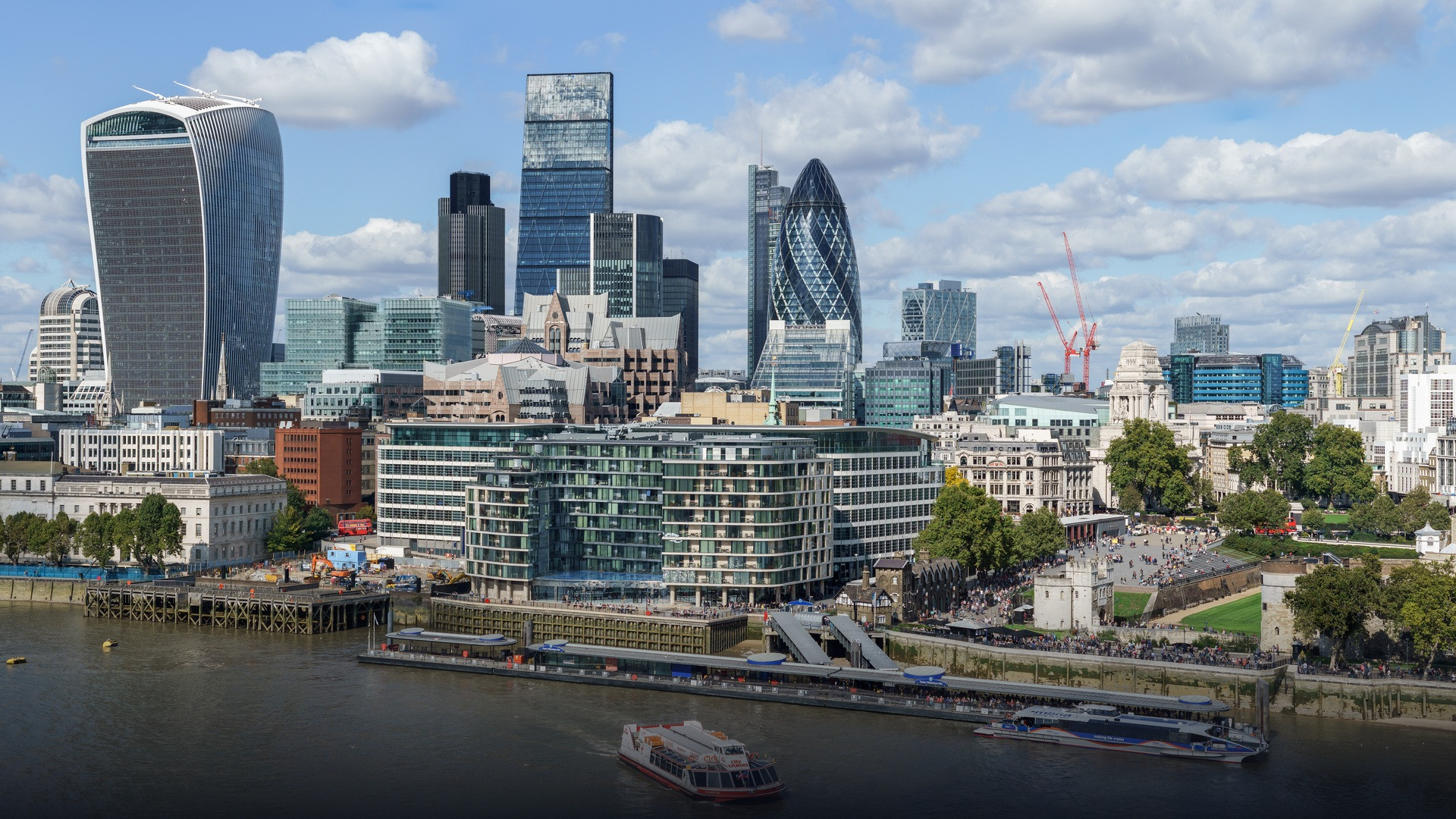 Panoramic skyline of the City of London financial district towers.