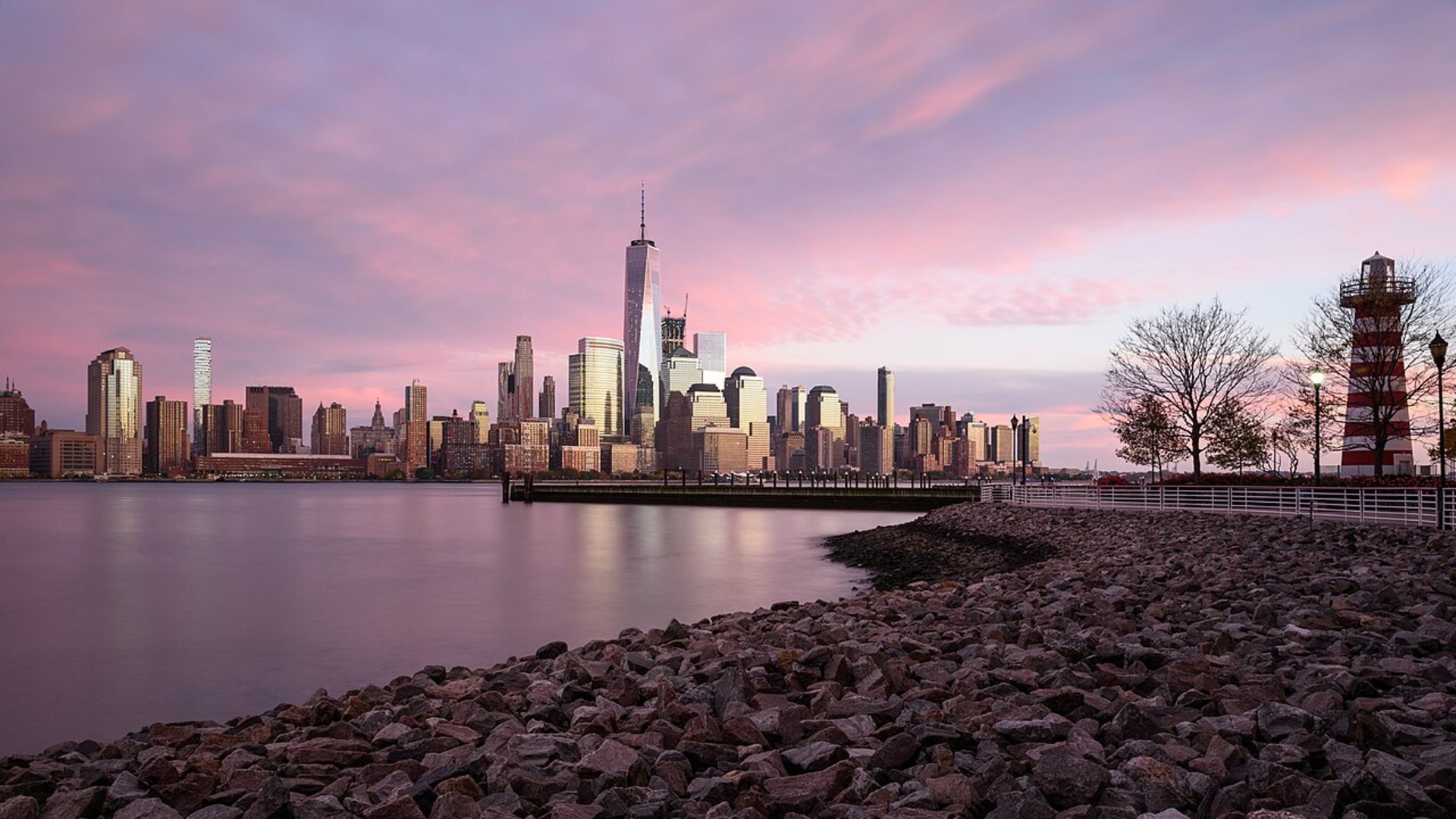 Lower Manhattan Financial District skyline seen from across the Hudson River.