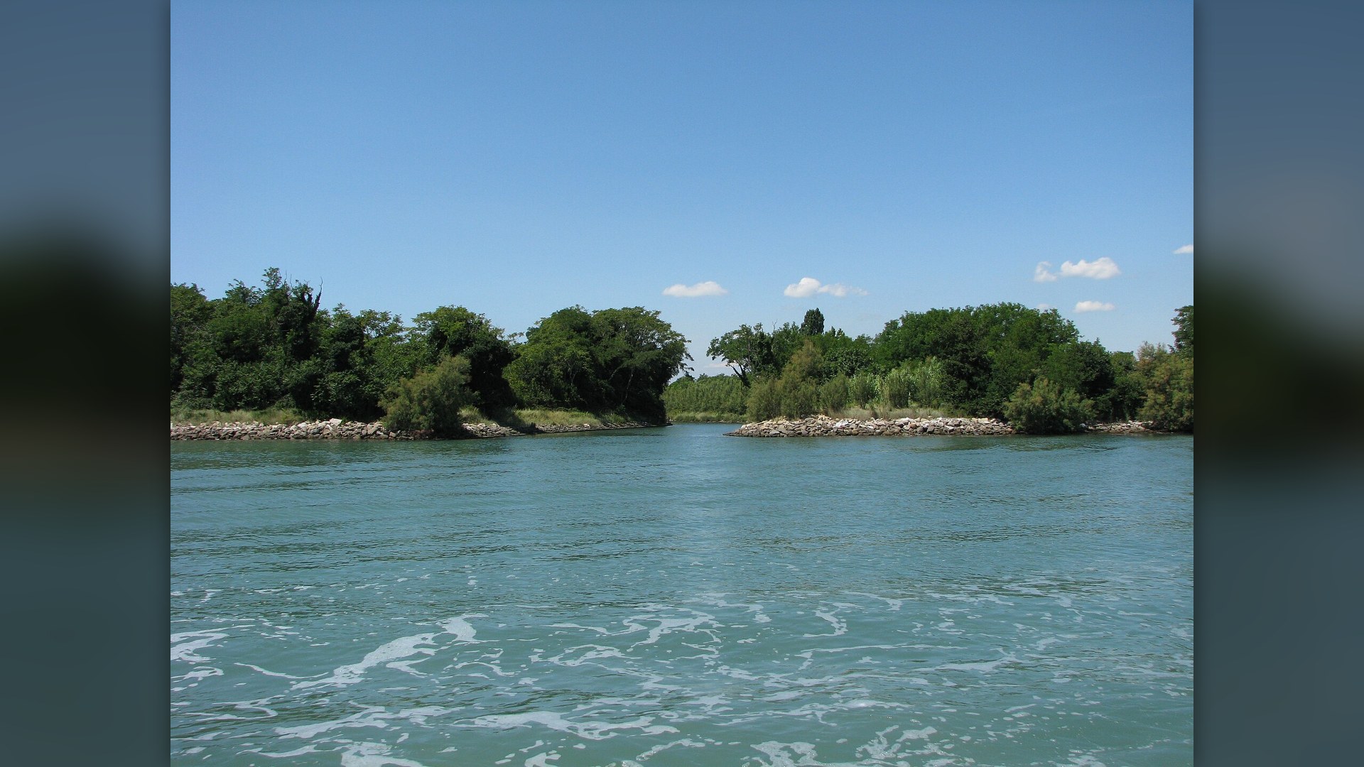 Overgrown canal and crumbling buildings between the abandoned islets of Poveglia Island