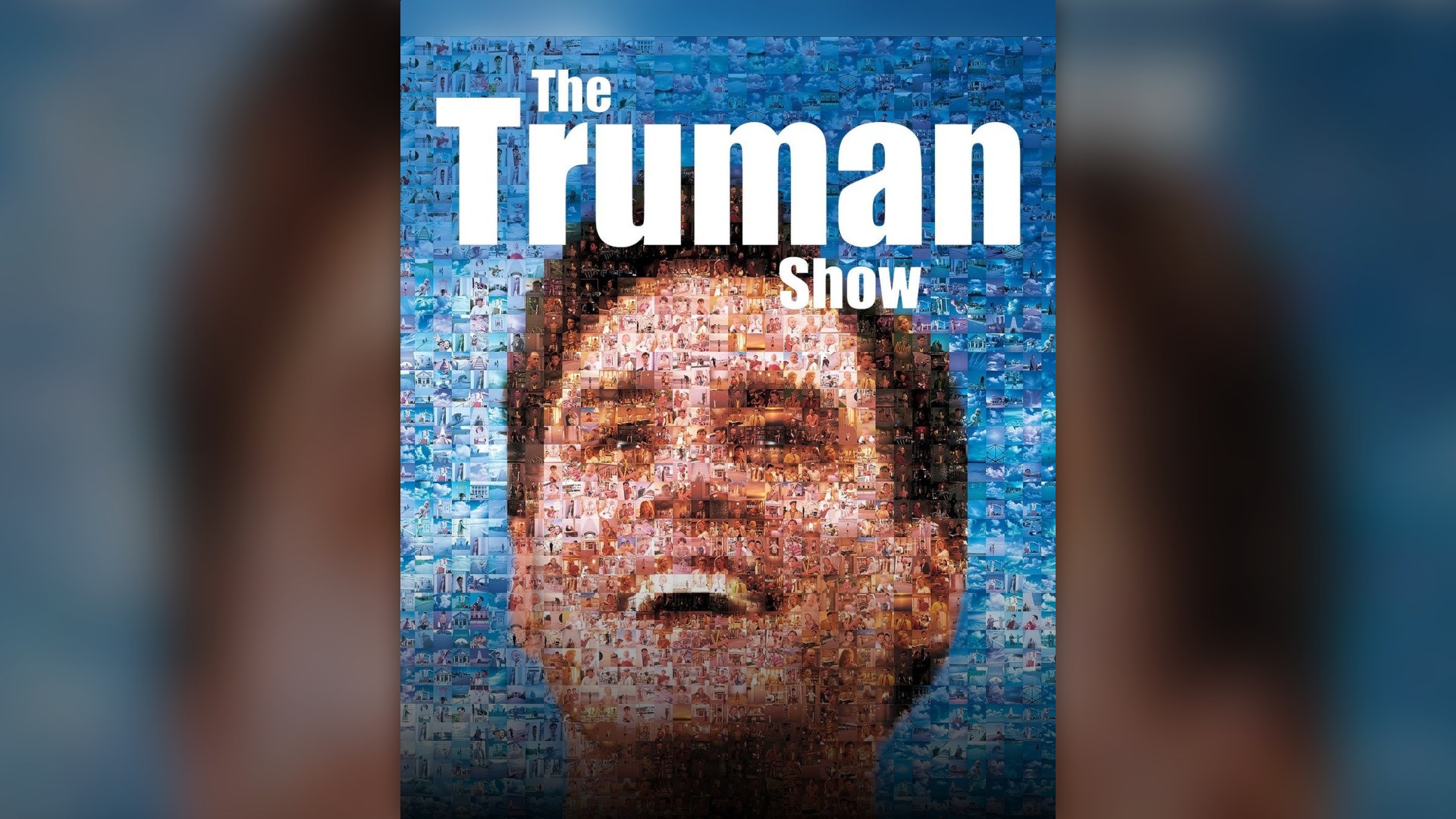 Jim Carrey bowing before the painted sky wall exit door in The Truman Show.