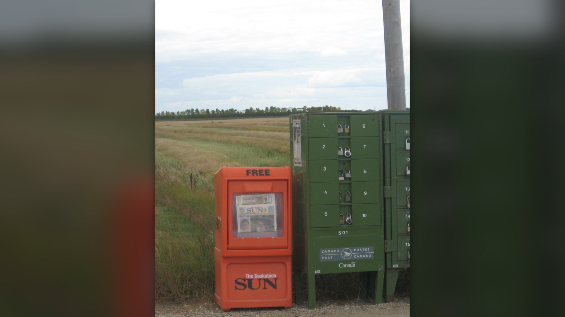 Rural mailboxes on wooden posts along a road