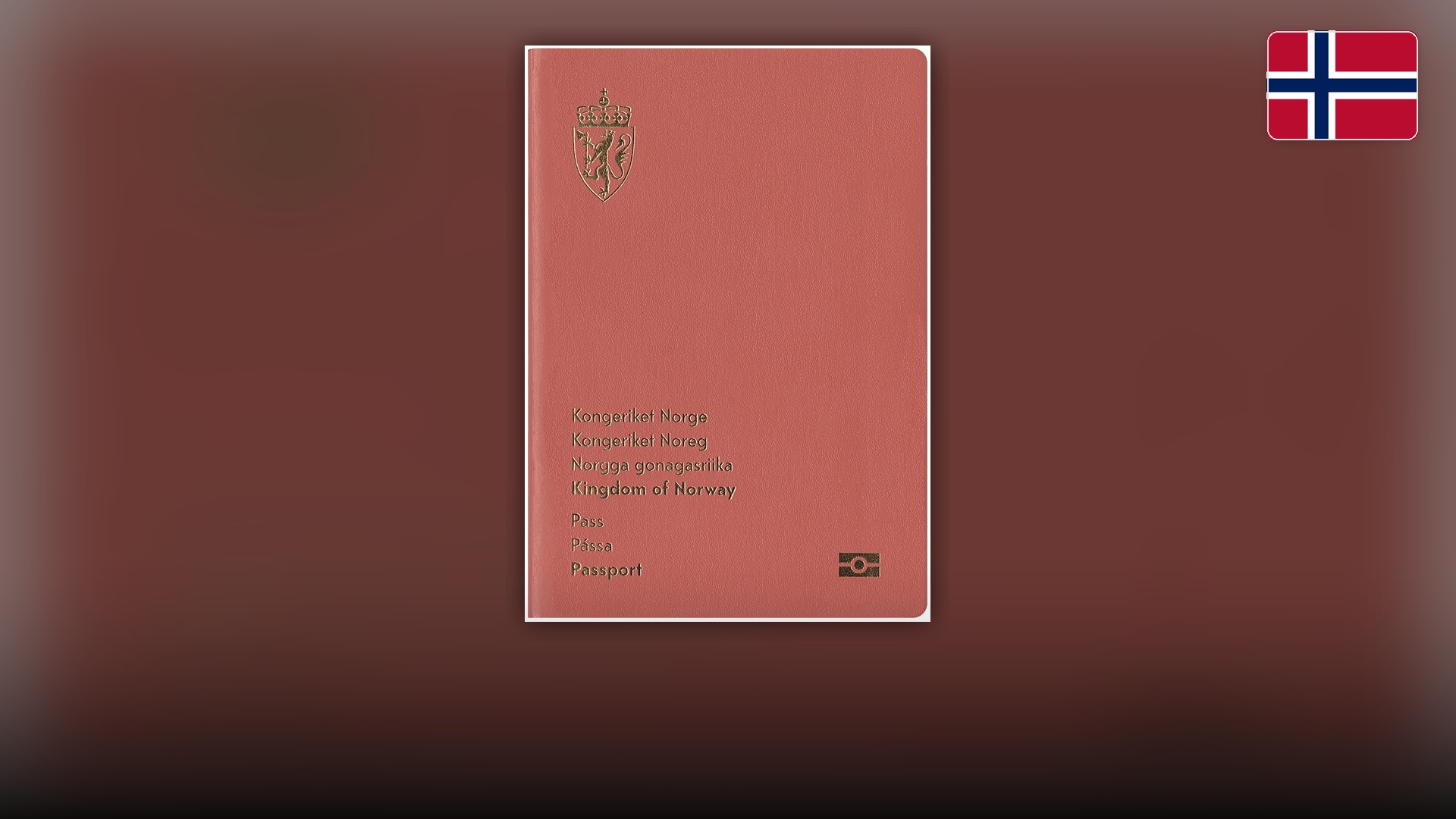 Red minimalist Norwegian passport cover featuring the golden Norwegian lion crest.