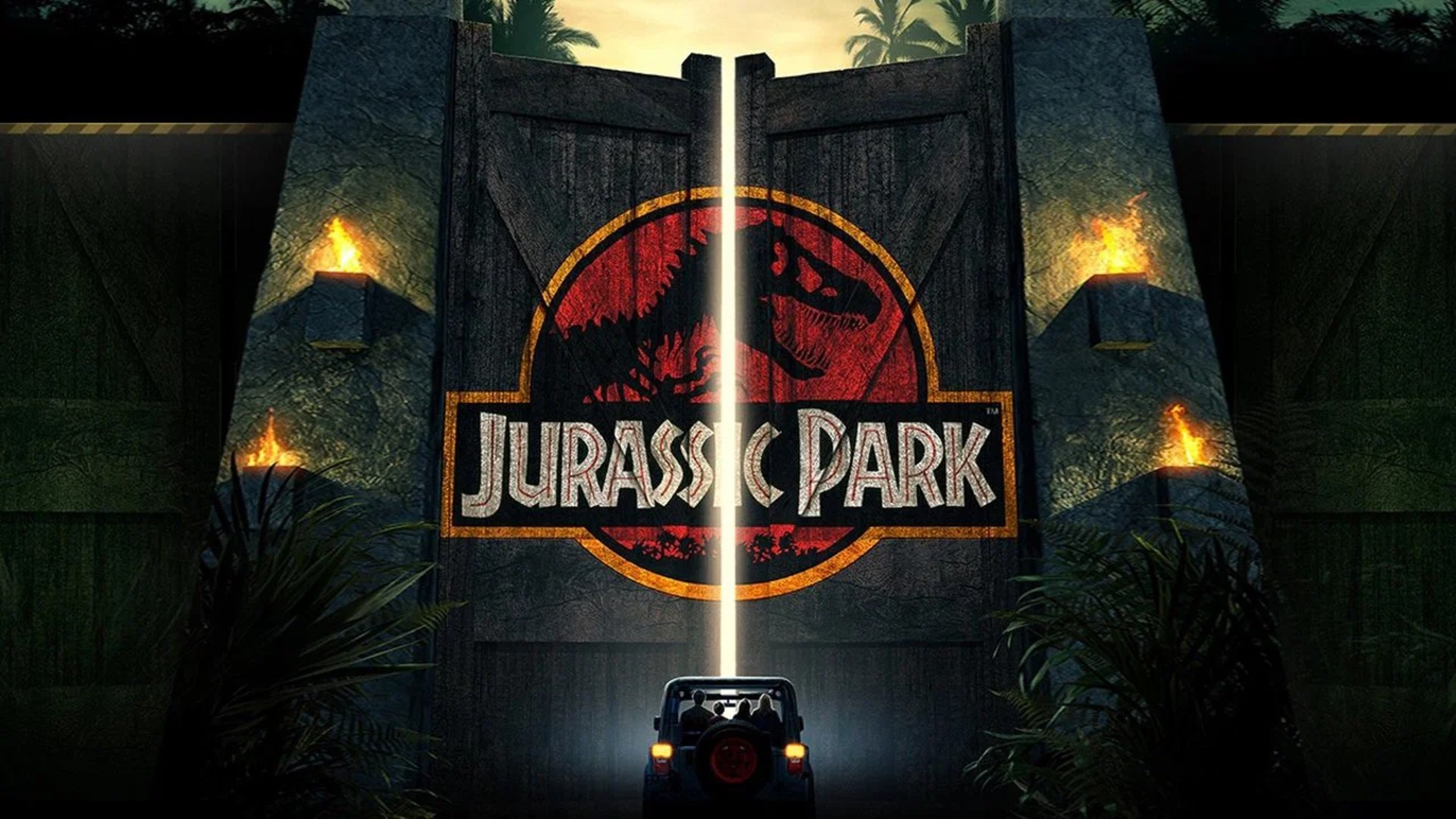 The giant Tyrannosaurus Rex lets out a mighty roar next to the overturned jungle tour vehicle in the pouring rain in Jurassic Park.