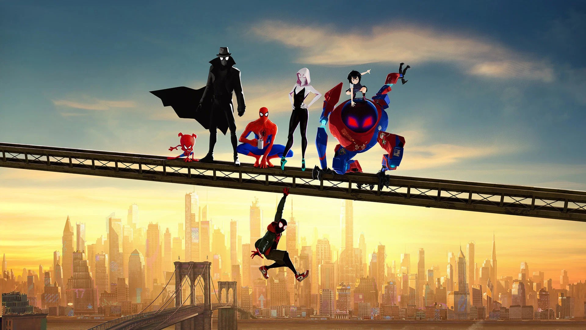 Miles Morales falls upward against the glowing night skyline of New York City in Spider-Man: Into the Spider-Verse.