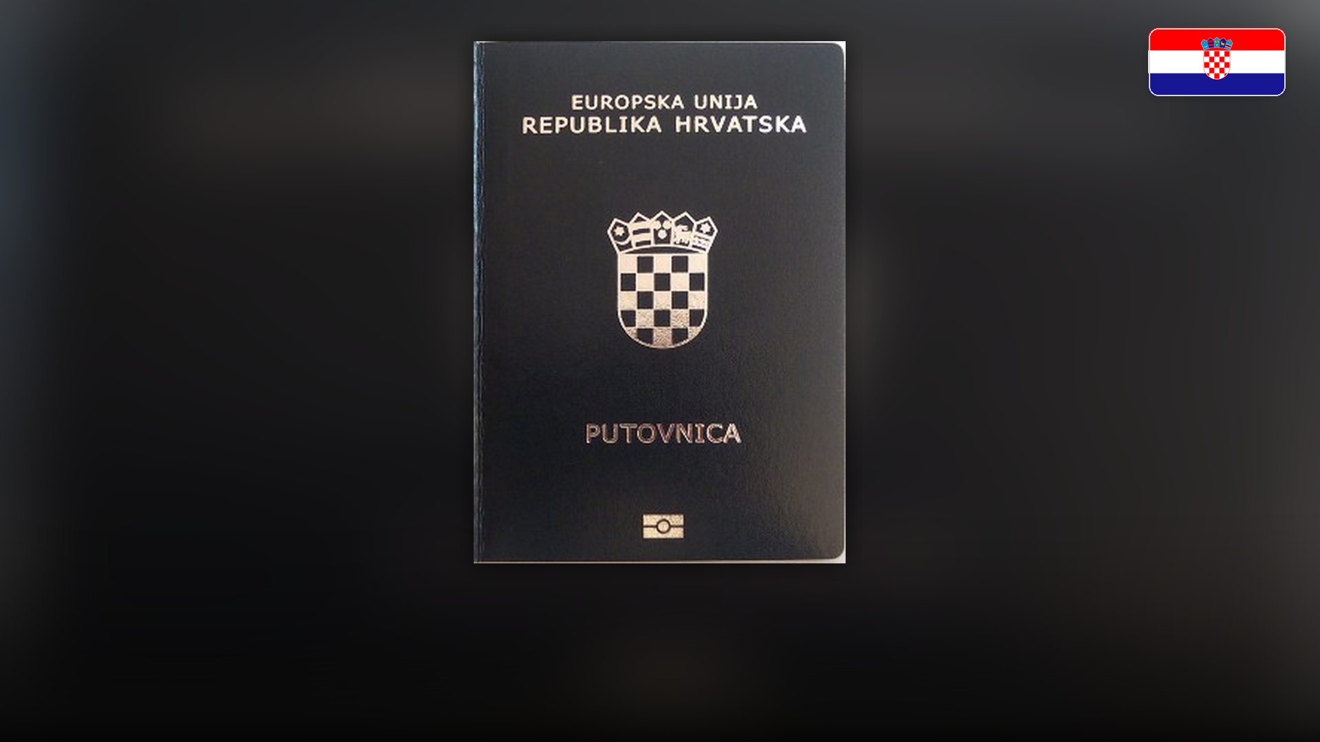 Dark blue cover of the Croatian biometric passport with the chequy coat of arms.