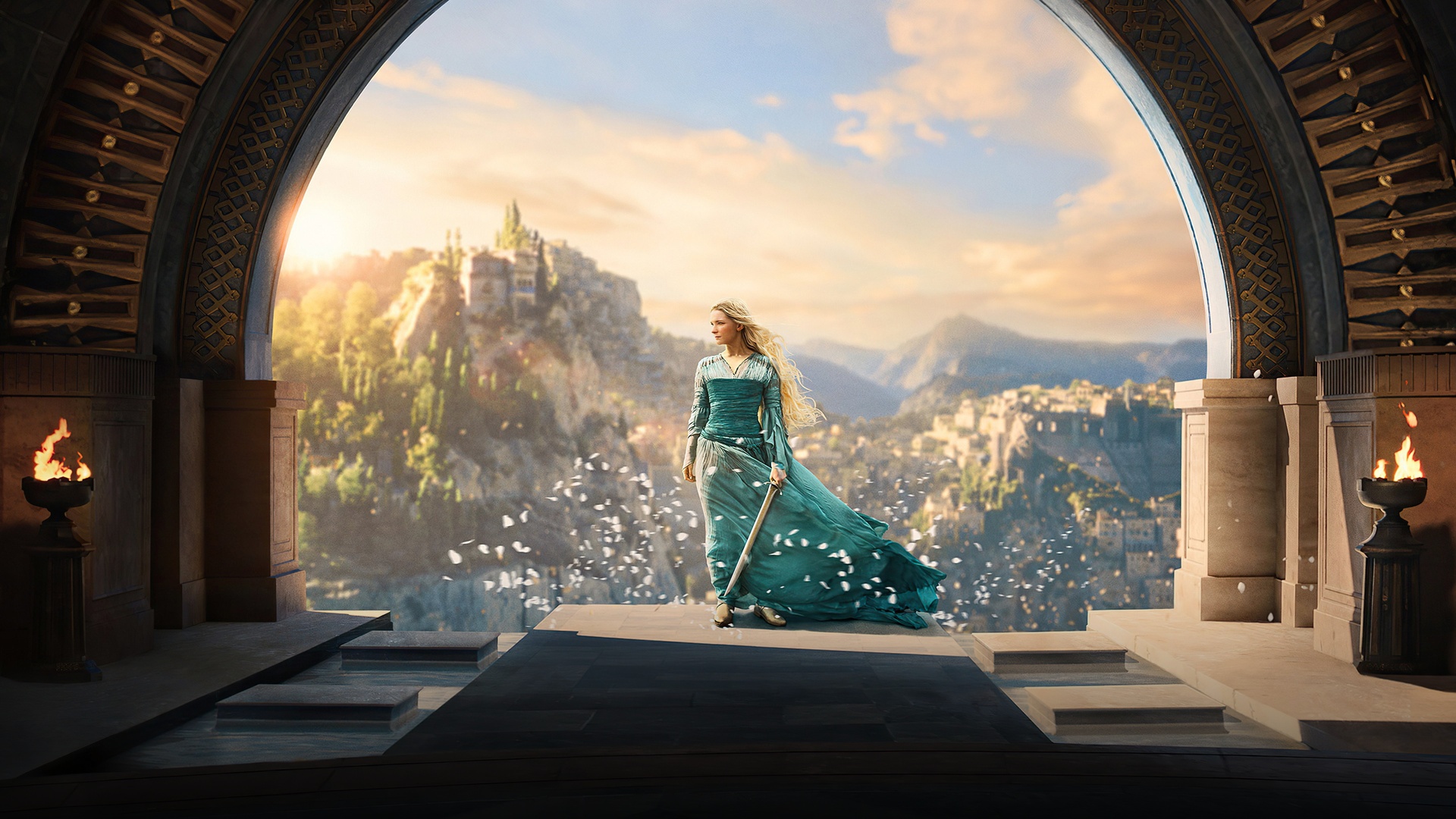 Galadriel in shining elven armor standing atop a grassy bluff overlooking the golden towers of Lindon.