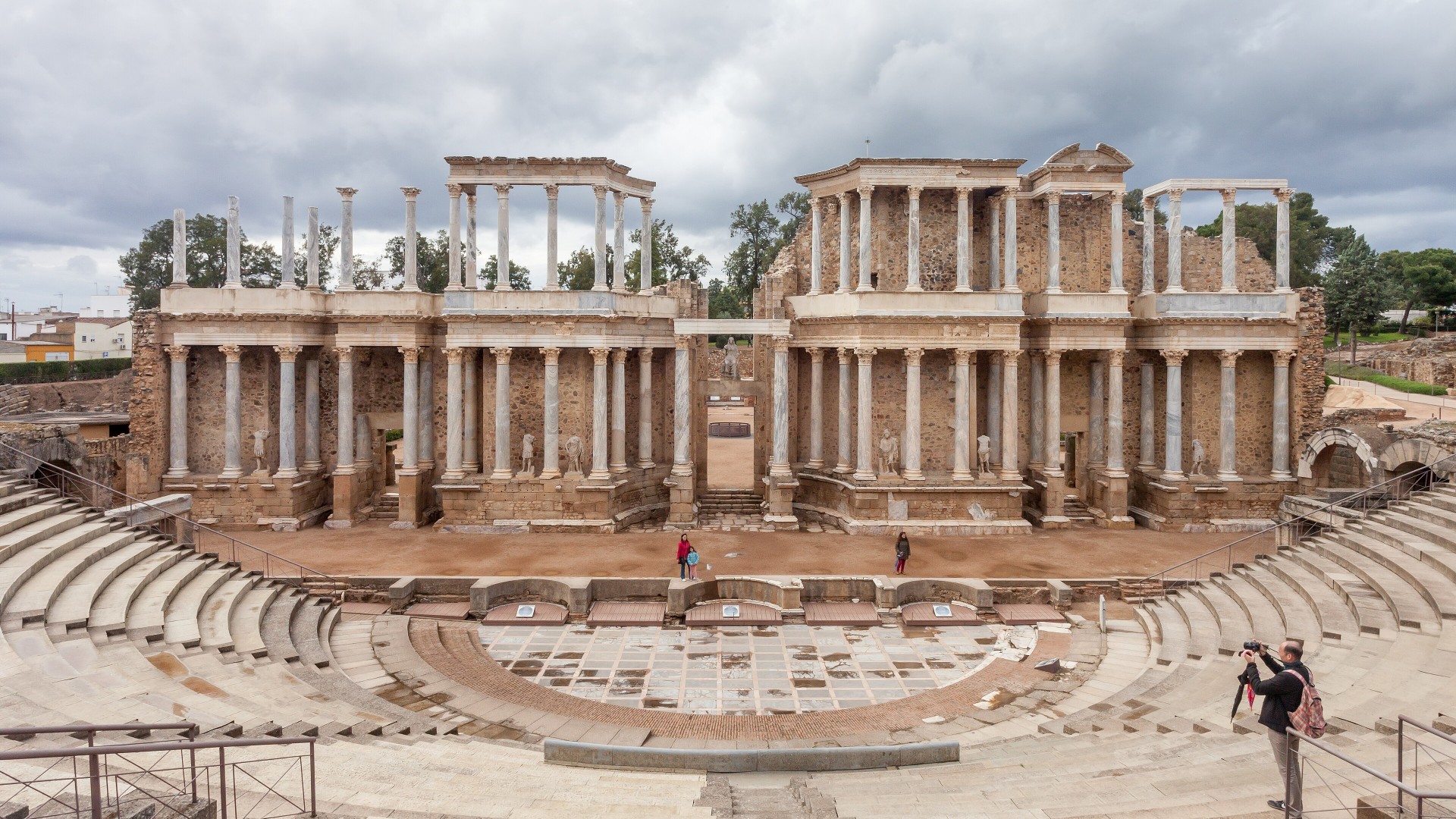 Two-tiered Corinthian marble columns of the stage building at the Roman Theatre of Mérida, Spain.