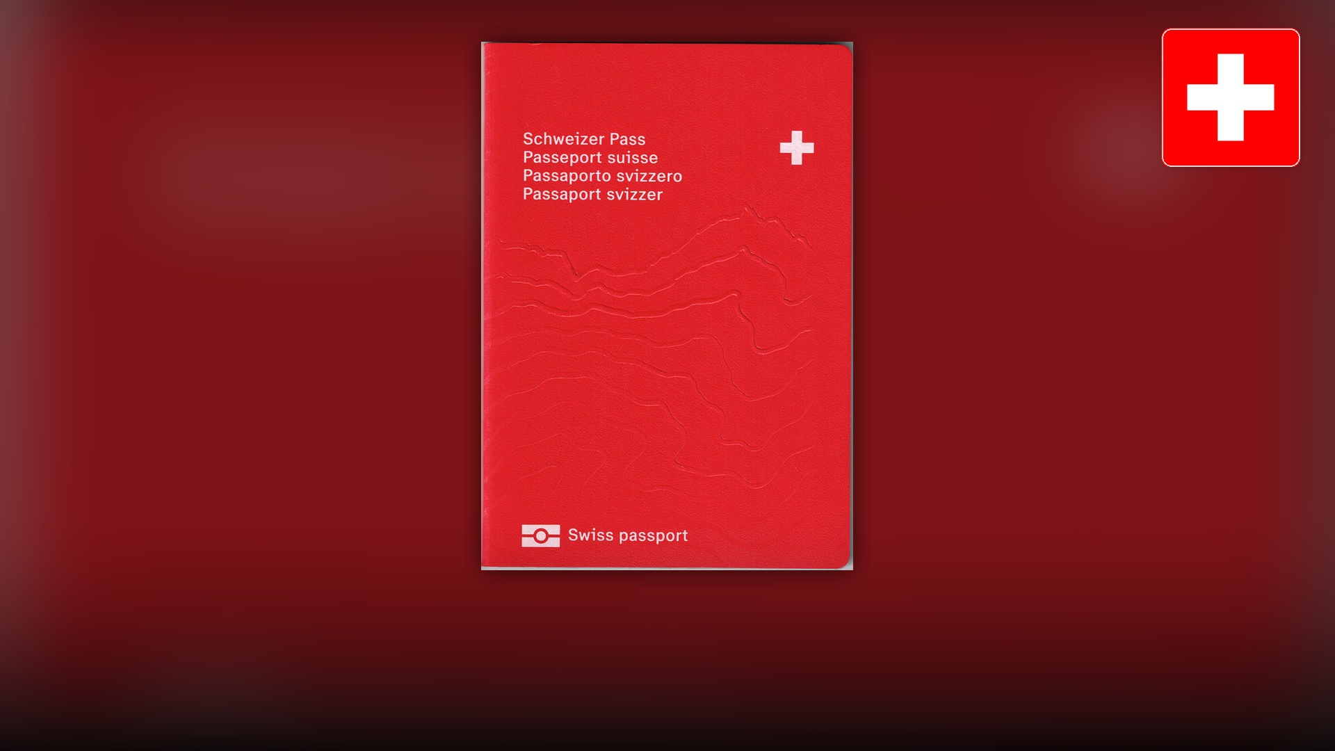Bright red Swiss passport cover embossed with the white Swiss cross and multi-language titles.