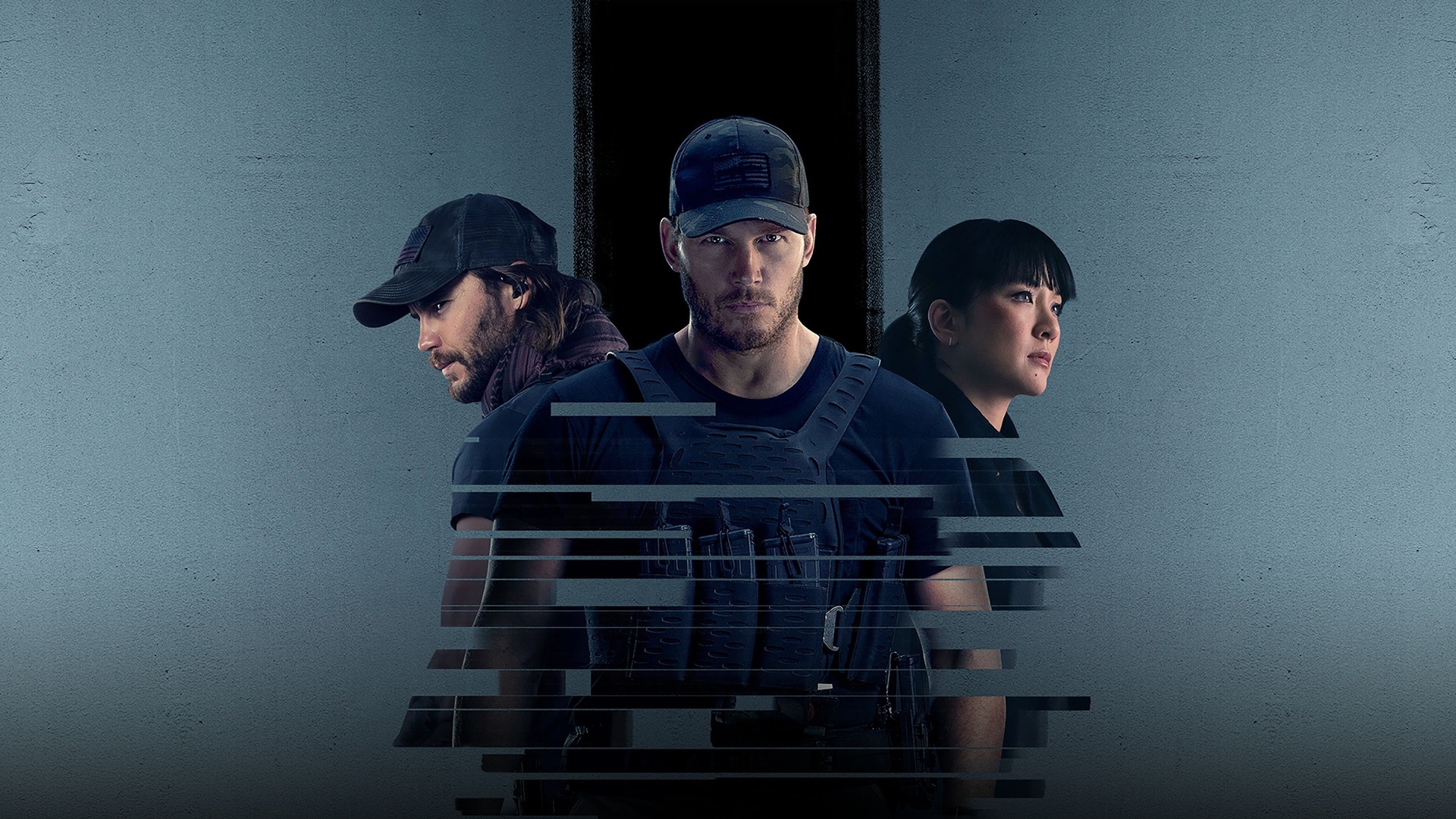 Chris Pratt as Commander James Reece in rain-soaked tactical gear hunting conspirators.