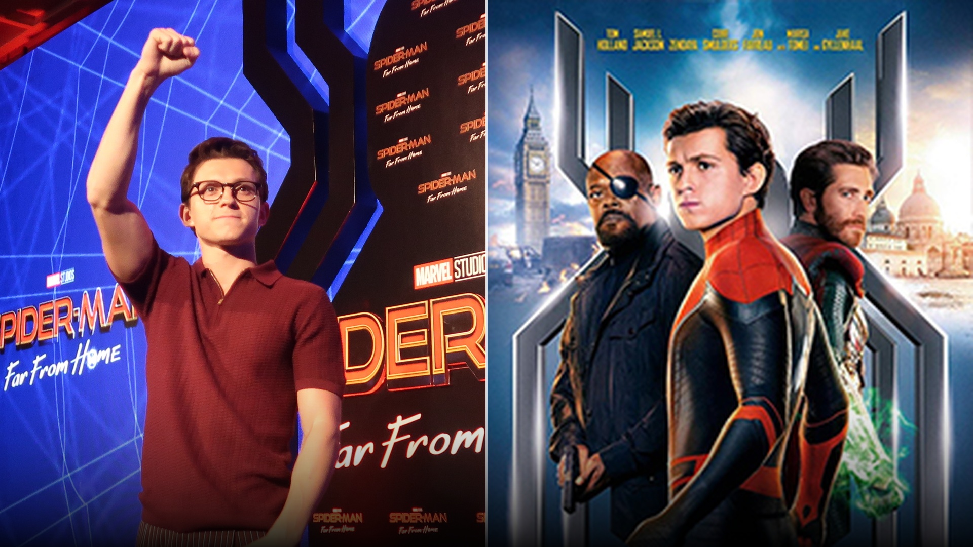 Split view of actor Tom Holland alongside the official Spider-Man: Far From Home poster.