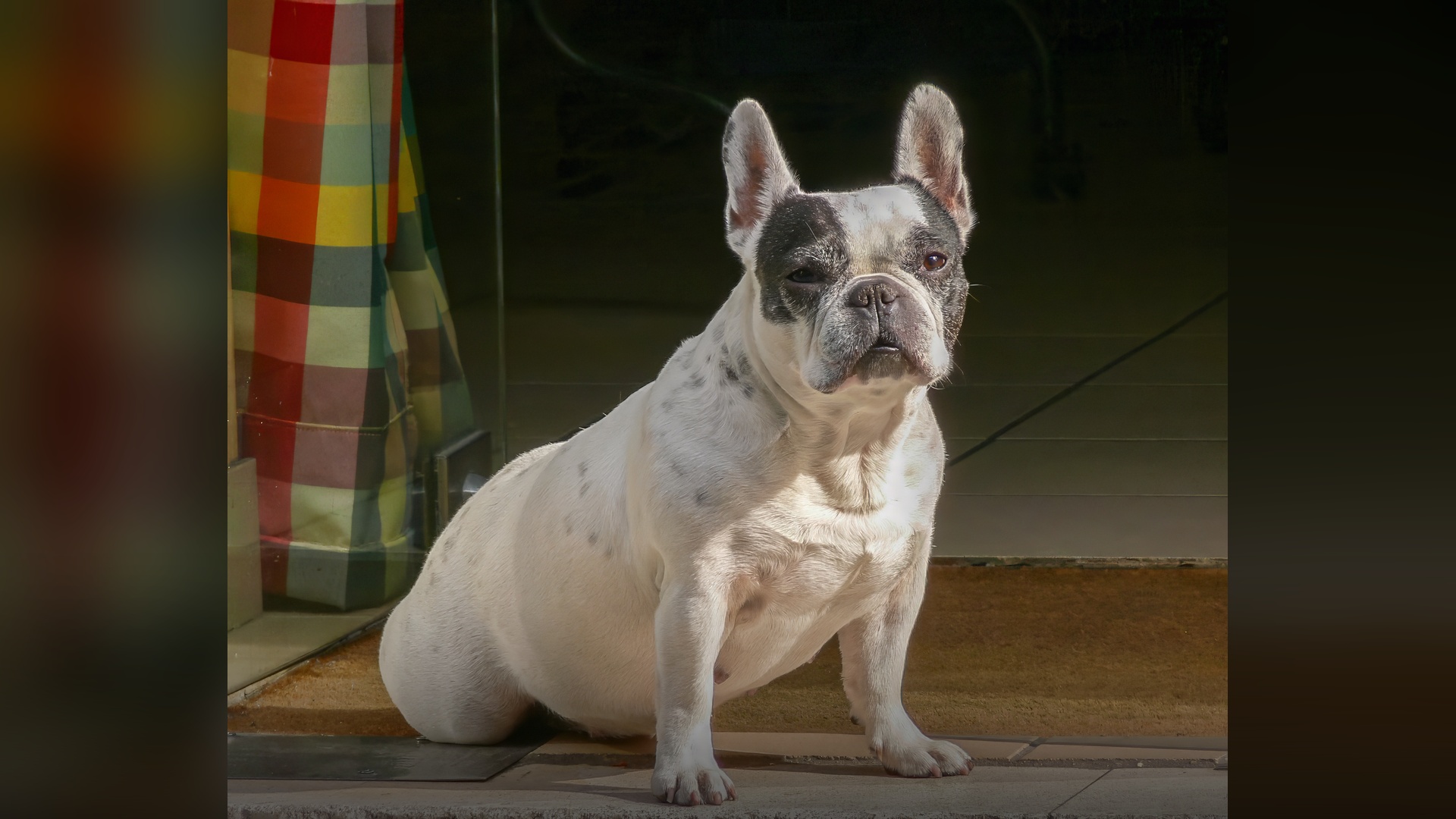 A French bulldog standing on a Parisian street.