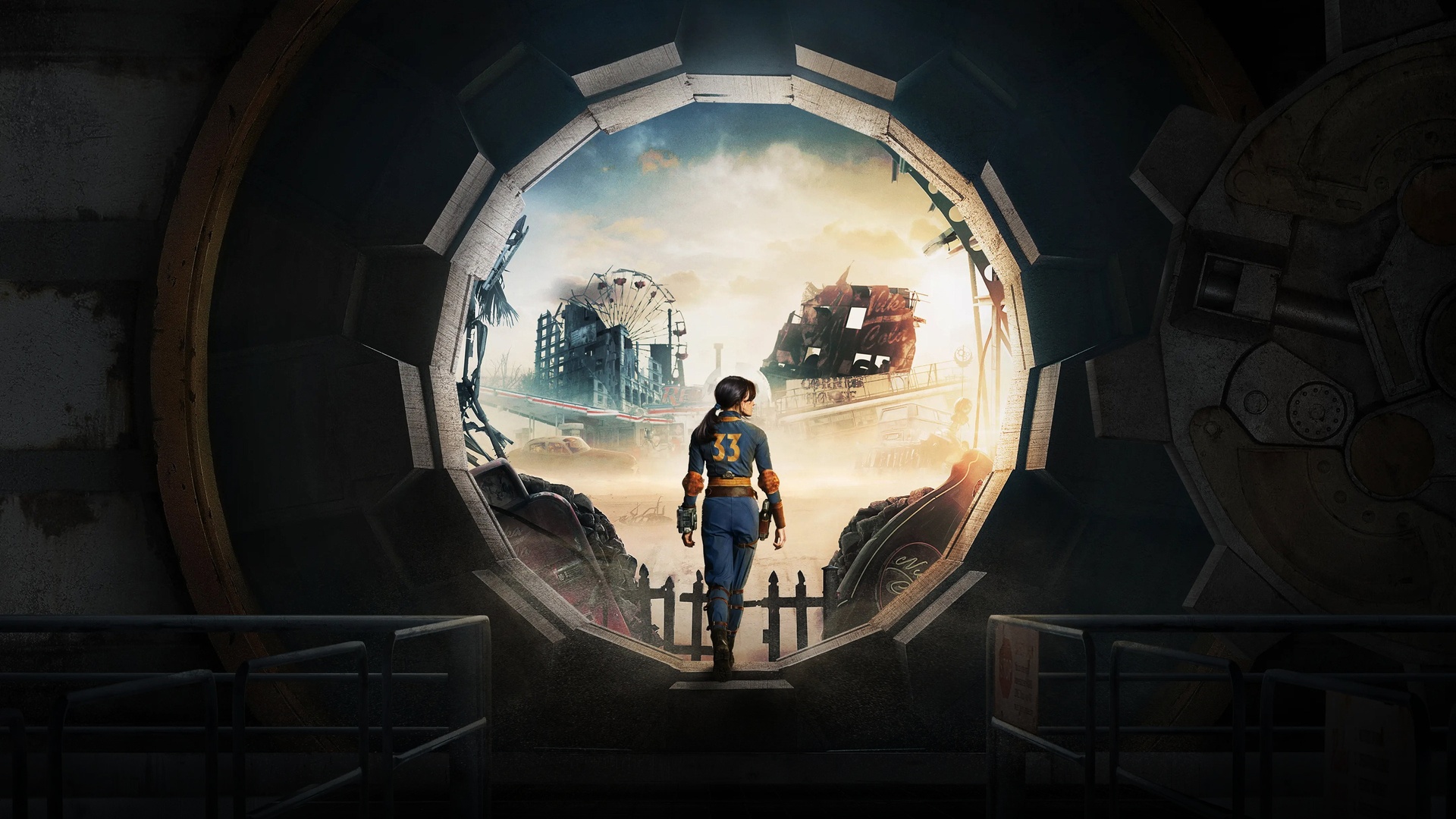 Ella Purnell as Lucy in blue Vault 33 suit alongside Walton Goggins as The Ghoul in the sunny post-apocalyptic desert.