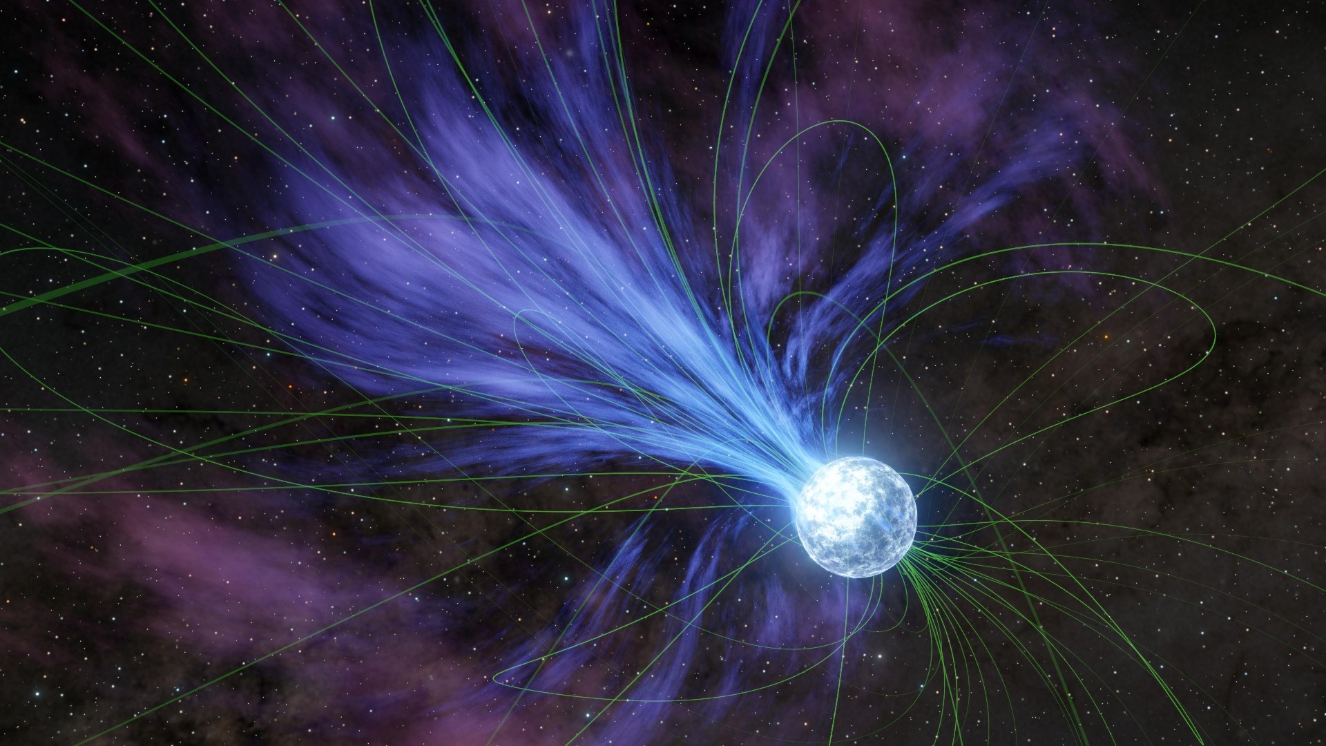 NASA JPL illustration of an ultra-magnetic neutron star (magnetar) unleashing a relativistic plasma burst.