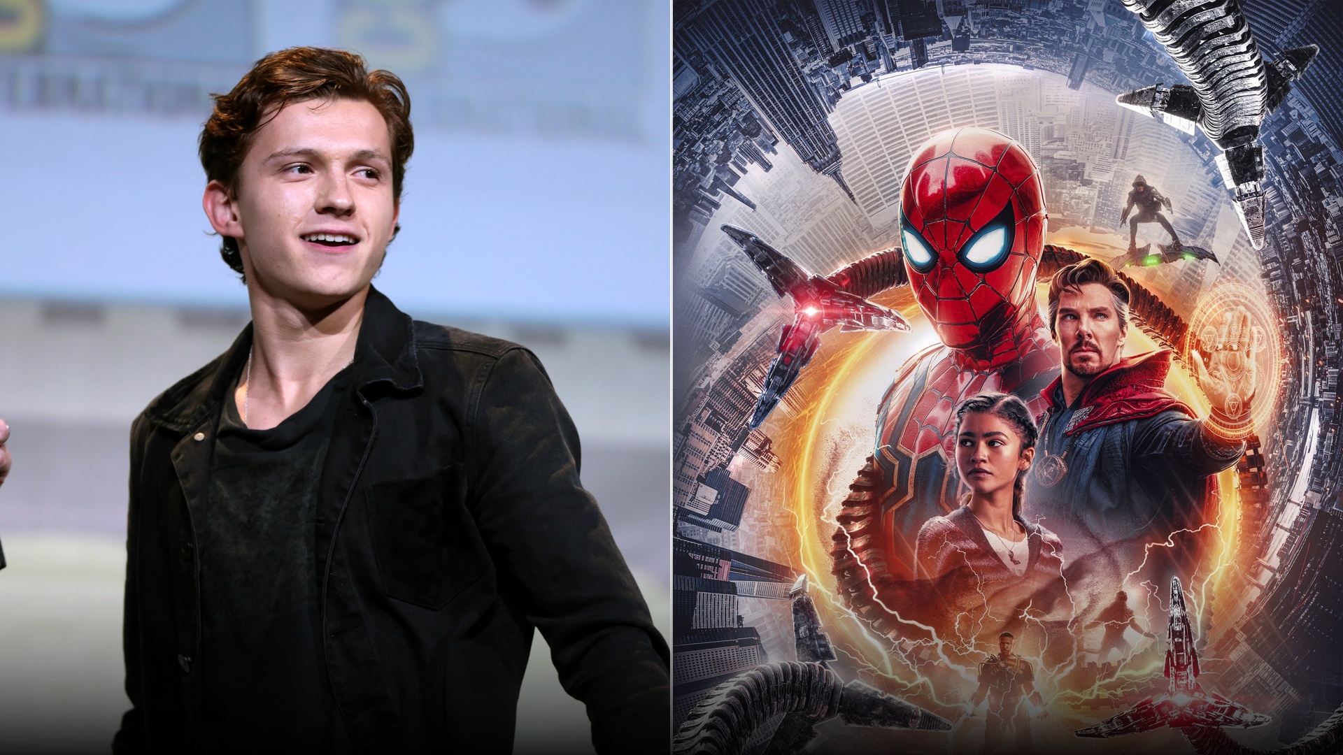 Split view of actor Tom Holland alongside the official Spider-Man: No Way Home poster.