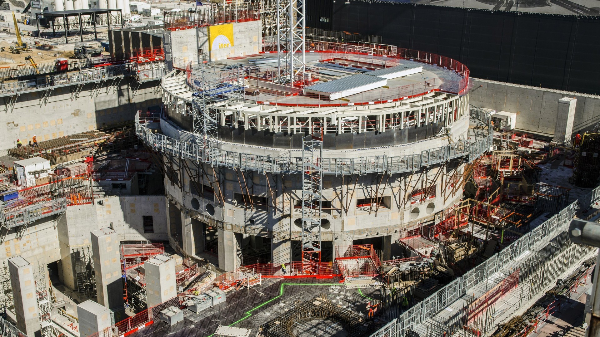 Panoramic construction view of the massive ITER Tokamak bioshield pit in southern France.
