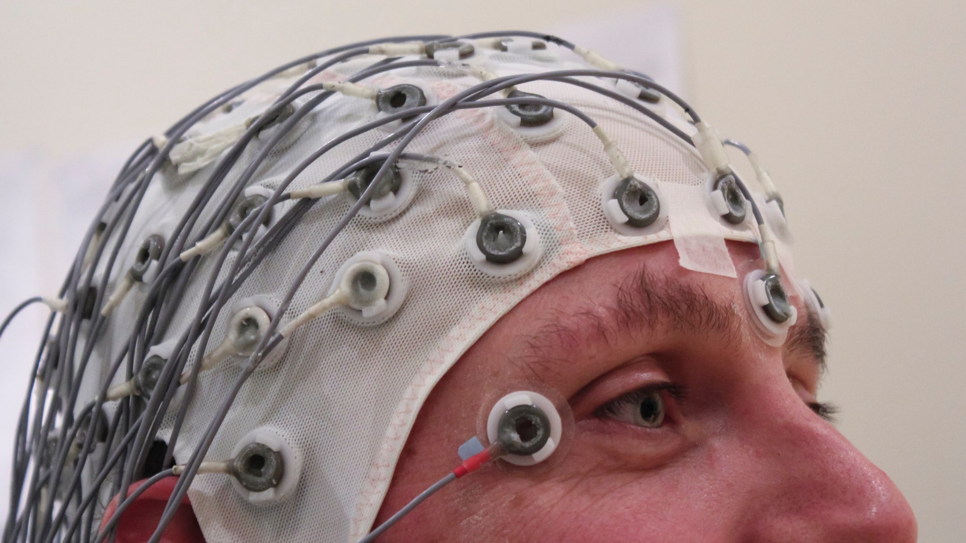 Research participant wearing a high-density electroencephalography (EEG) brain scan recording cap.