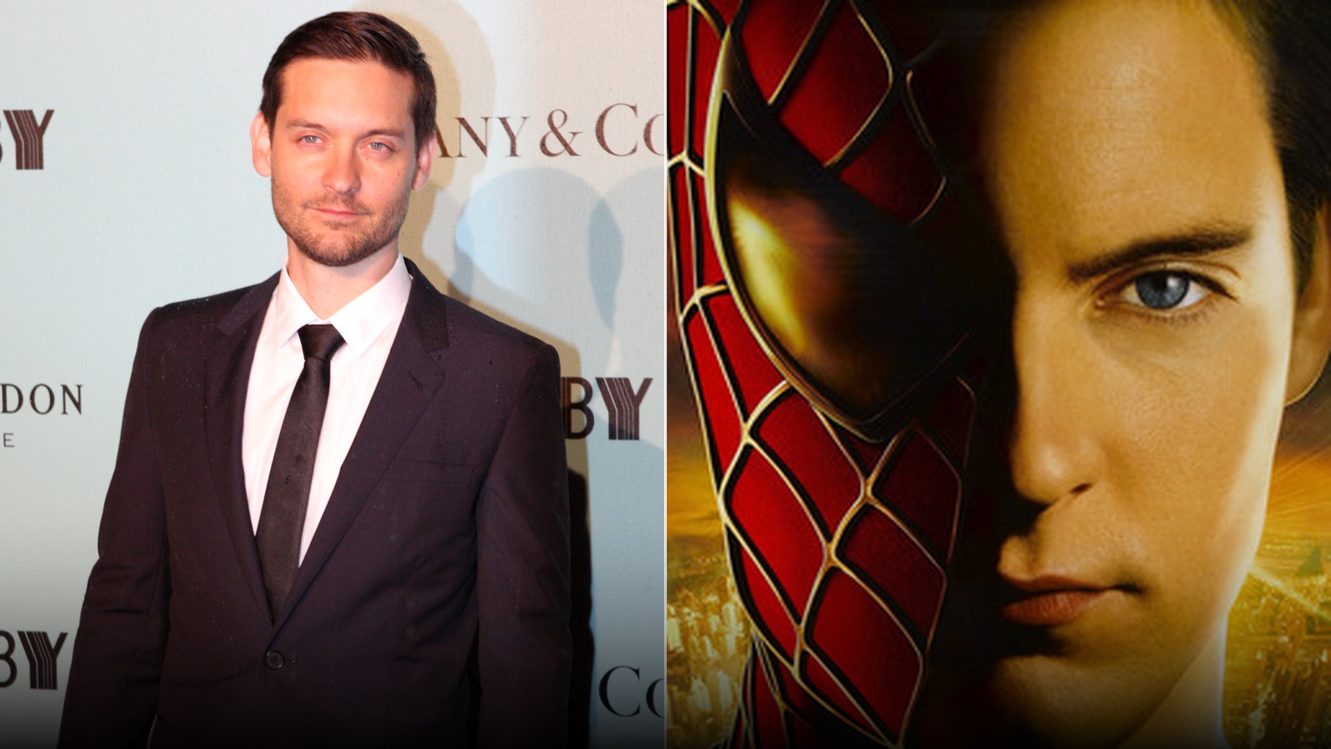 Split view of actor Tobey Maguire alongside the official Spider-Man 2 theatrical poster.