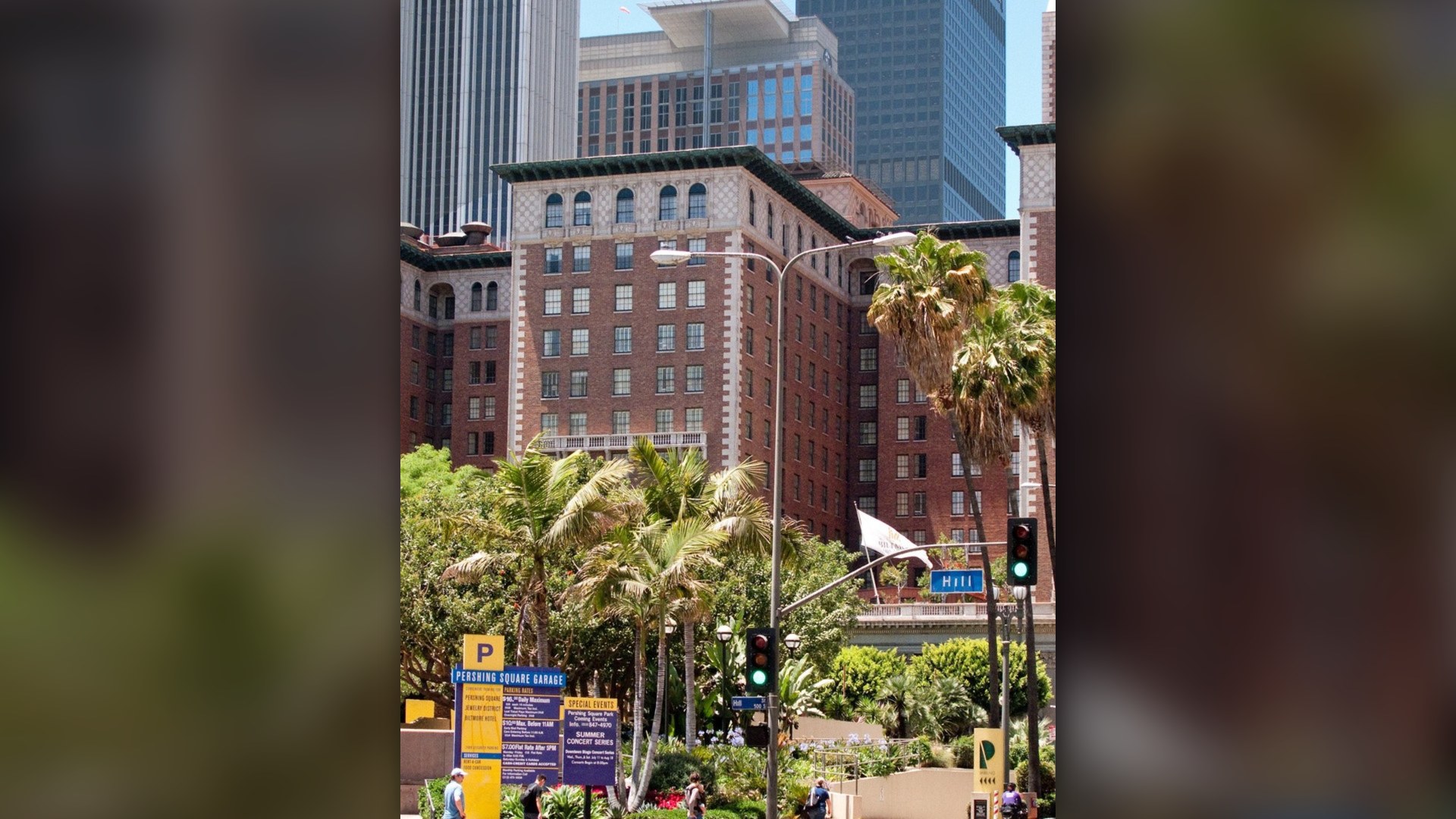 Historic Millennium Biltmore Hotel facade overlooking Pershing Square in Los Angeles