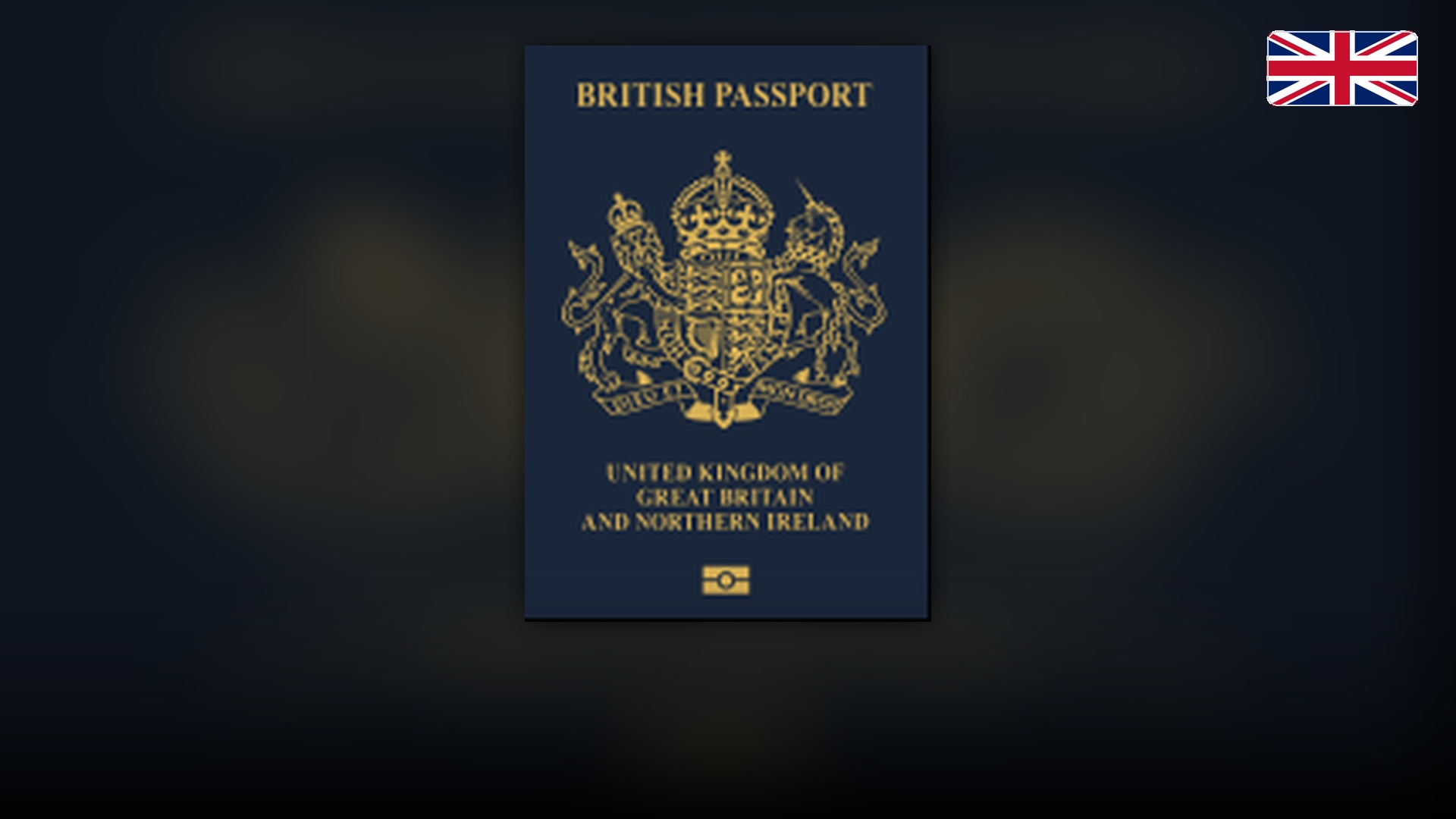 Navy blue British biometric passport booklet displaying the Royal Coat of Arms.