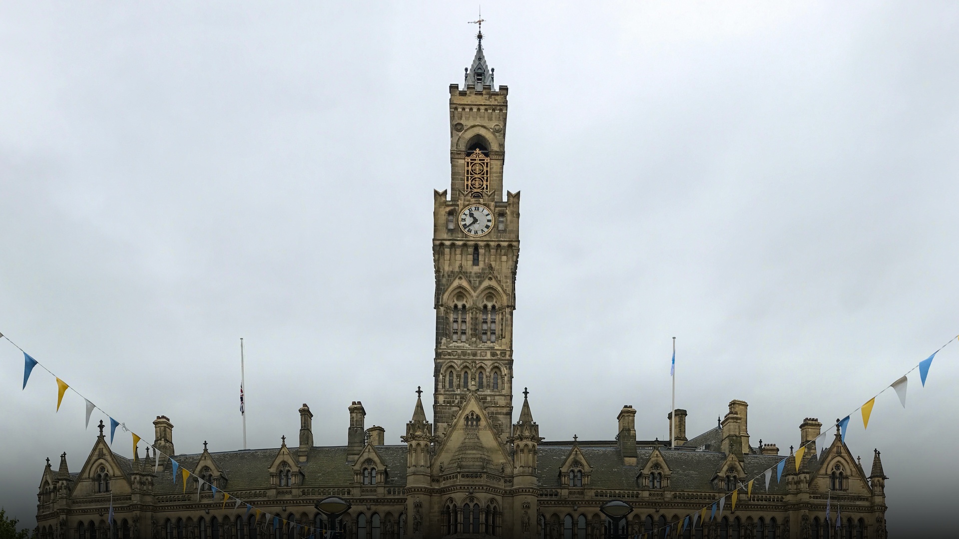 The historic Victorian Gothic Bradford City Hall overlooking Centenary Square in Bradford, West Yorkshire.