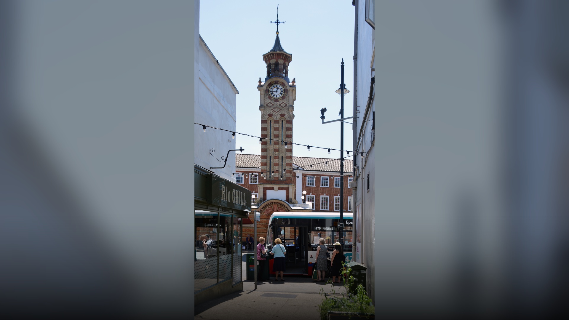 The historic 70-foot Victorian red-brick Epsom Clock Tower in Epsom Market Place, Surrey.