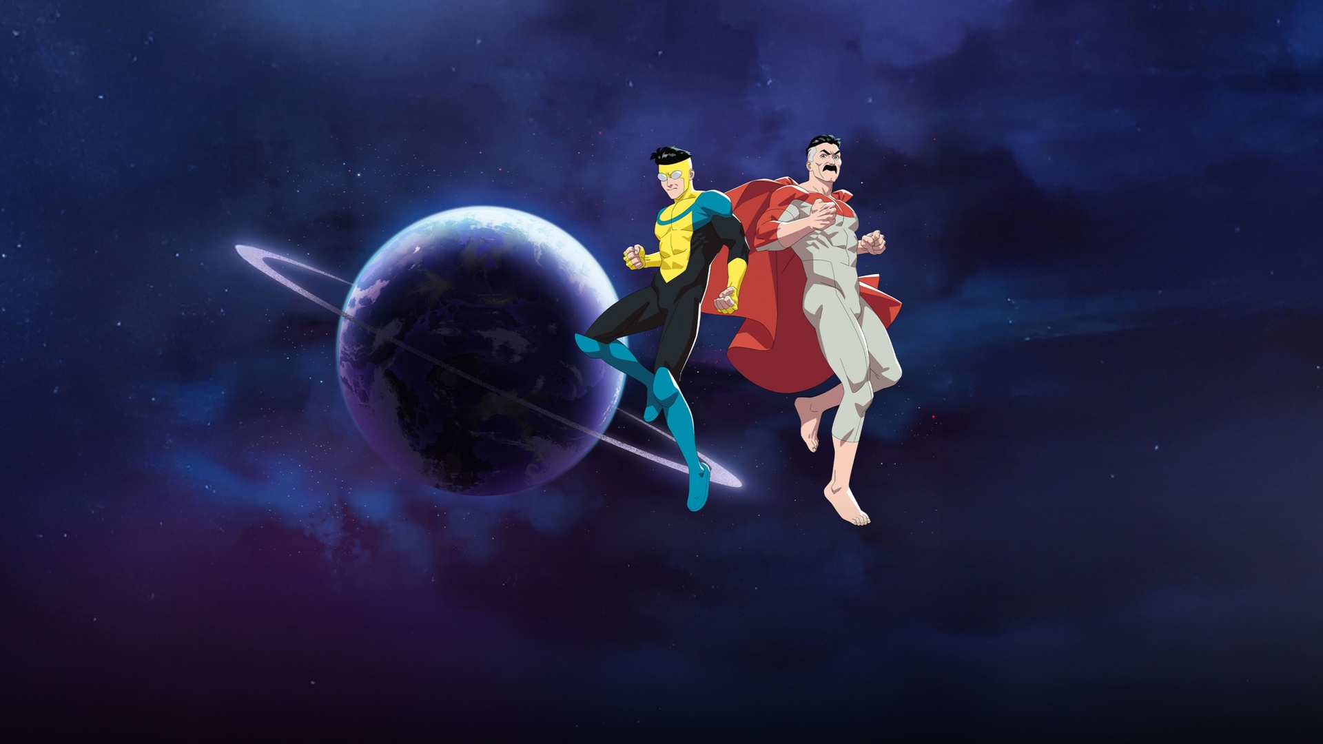 Mark Grayson in his yellow and blue Invincible suit soaring at high speed above Earth's atmosphere.