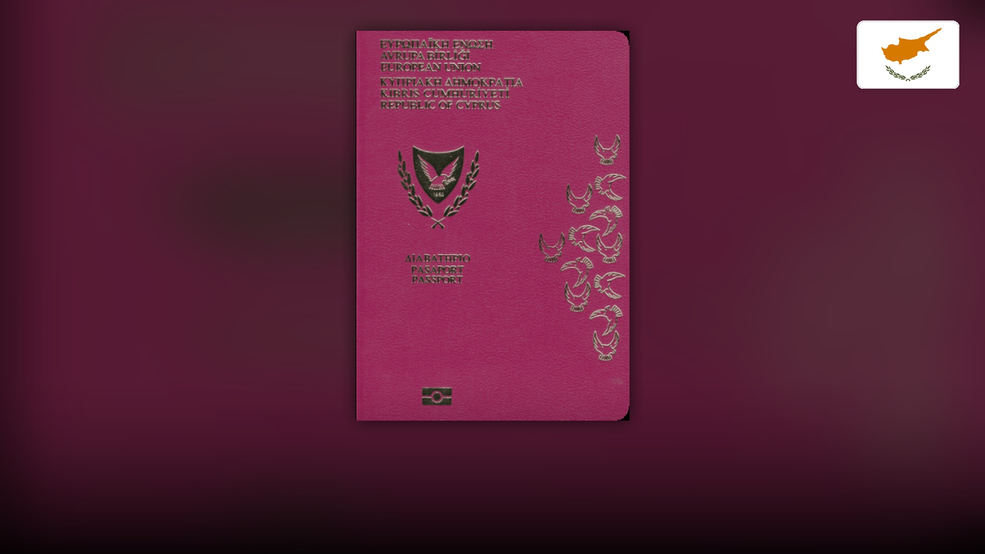 Burgundy Cypriot passport cover featuring the golden dove and olive branch emblem.
