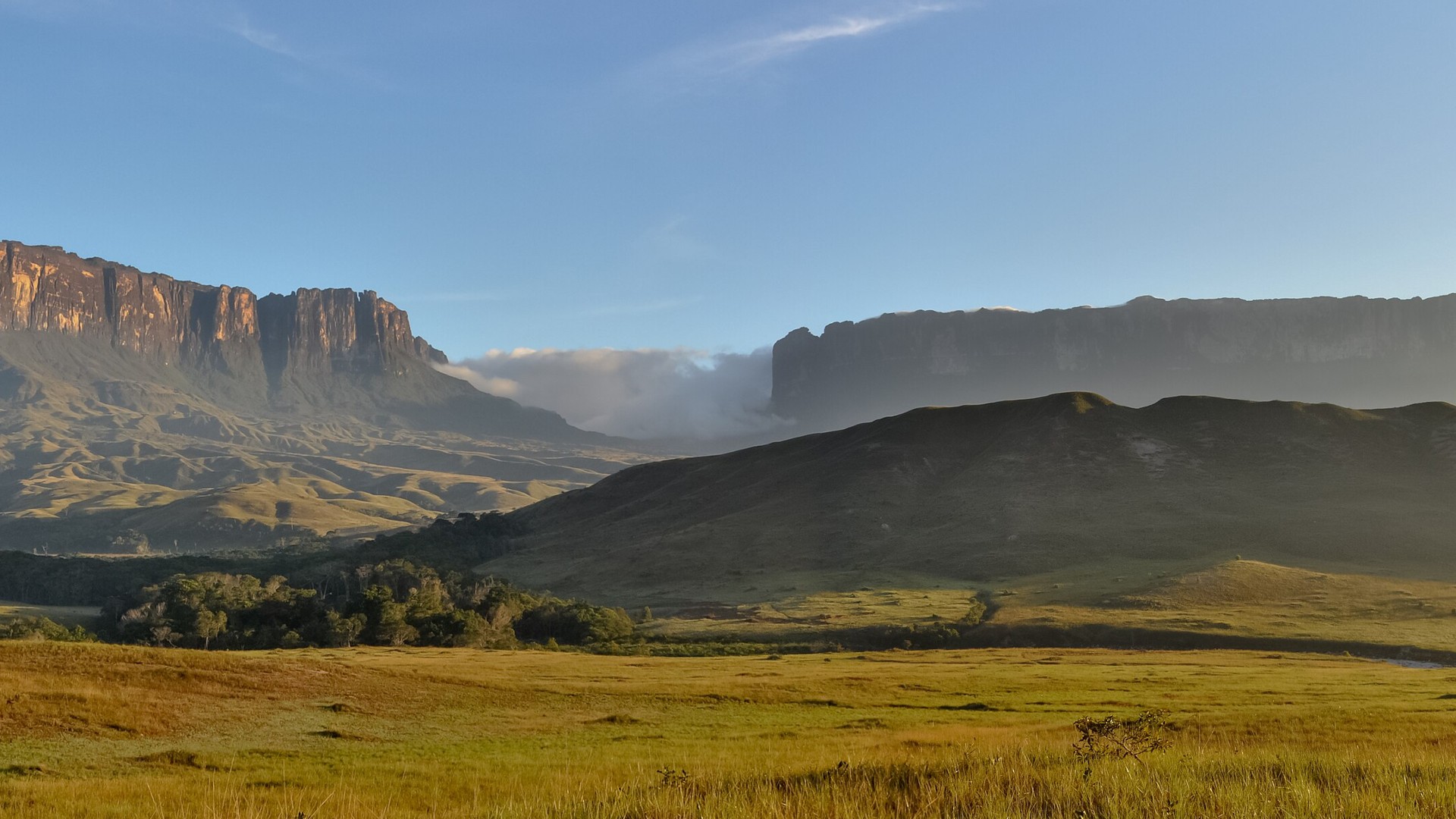 Flat-topped sandstone cliffs of Mount Roraima rising above low clouds in Venezuela.