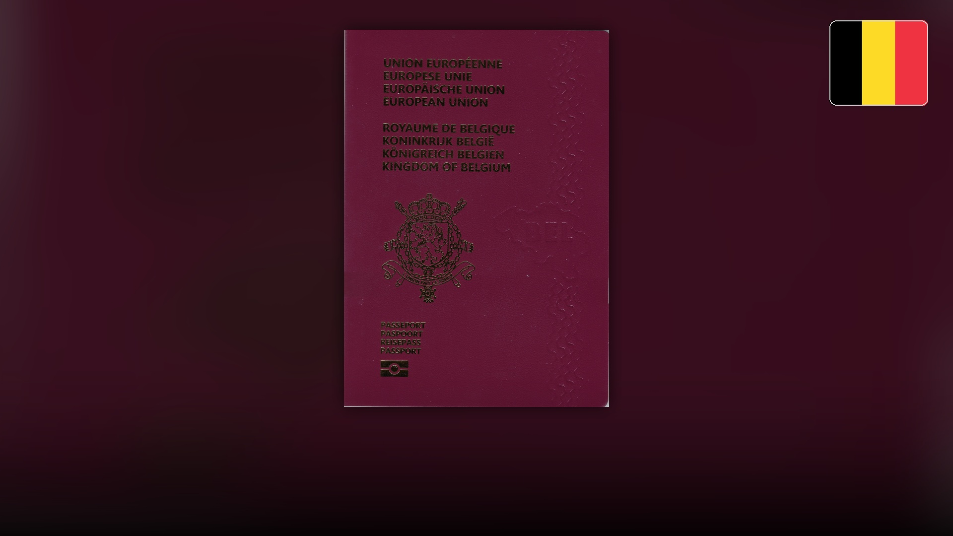 Burgundy Belgian biometric passport cover with the Royal Coat of Arms in gold.