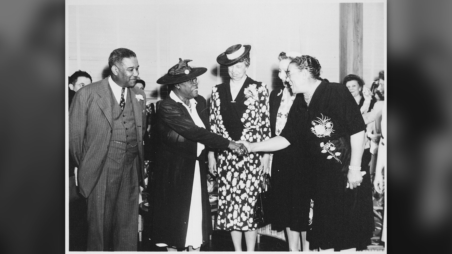 Eleanor Roosevelt, Mary McLeod Bethune, and leaders at the opening of Midway Hall.