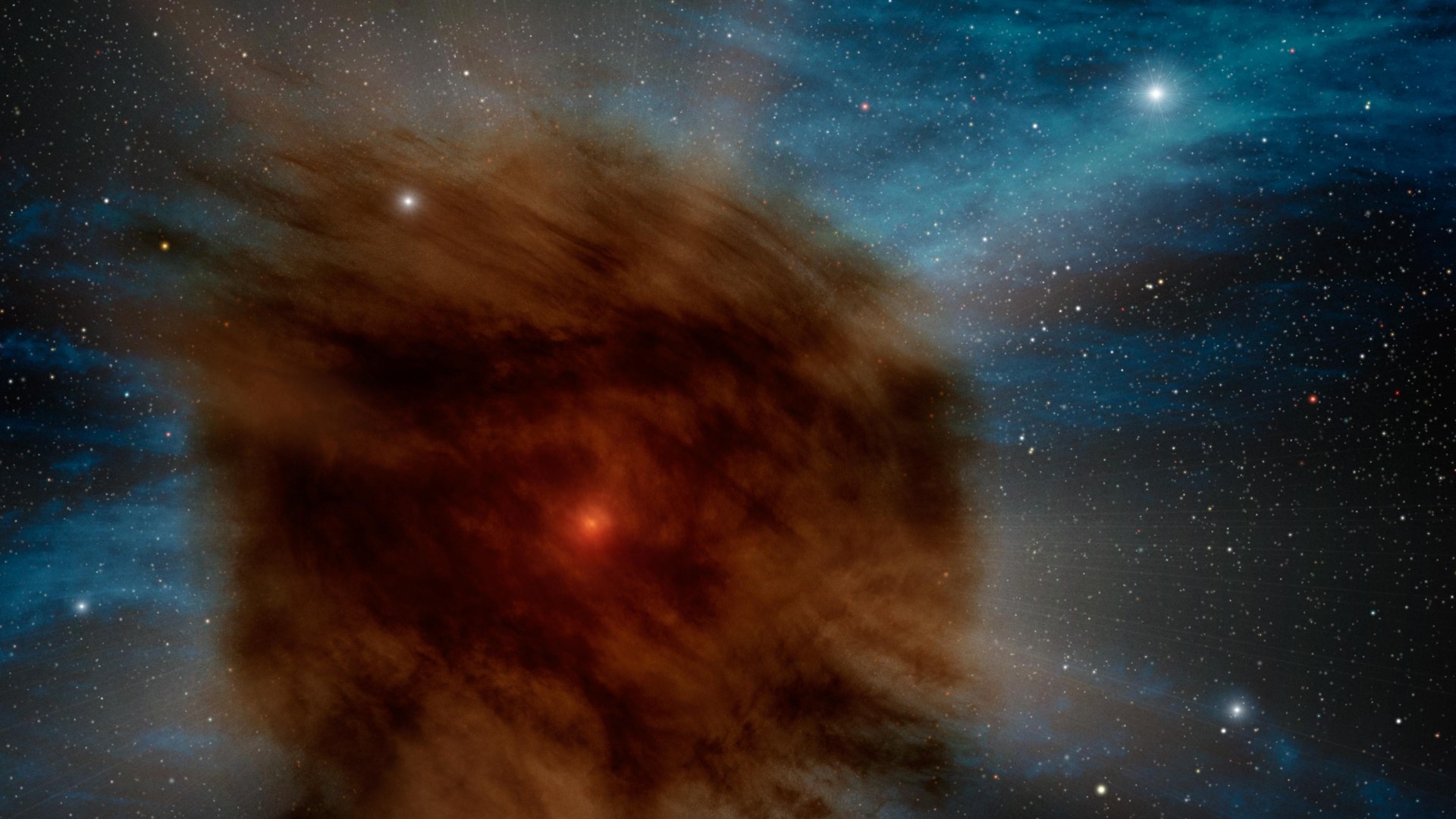 NASA Spitzer Space Telescope visualization of a star surrounded by an uneven circumstellar dust ring.