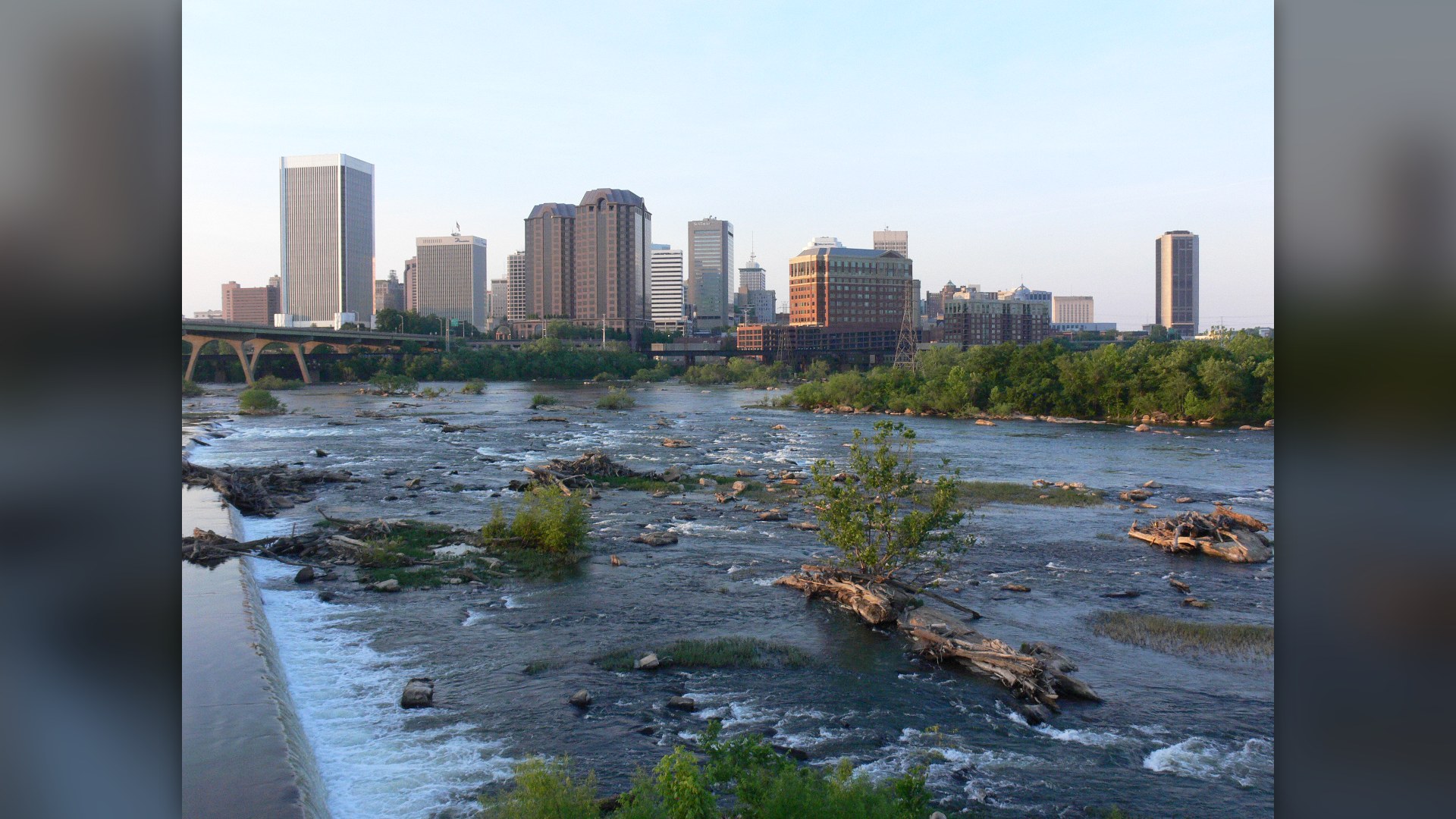 View of Downtown Richmond, Virginia over the falls of the James River.