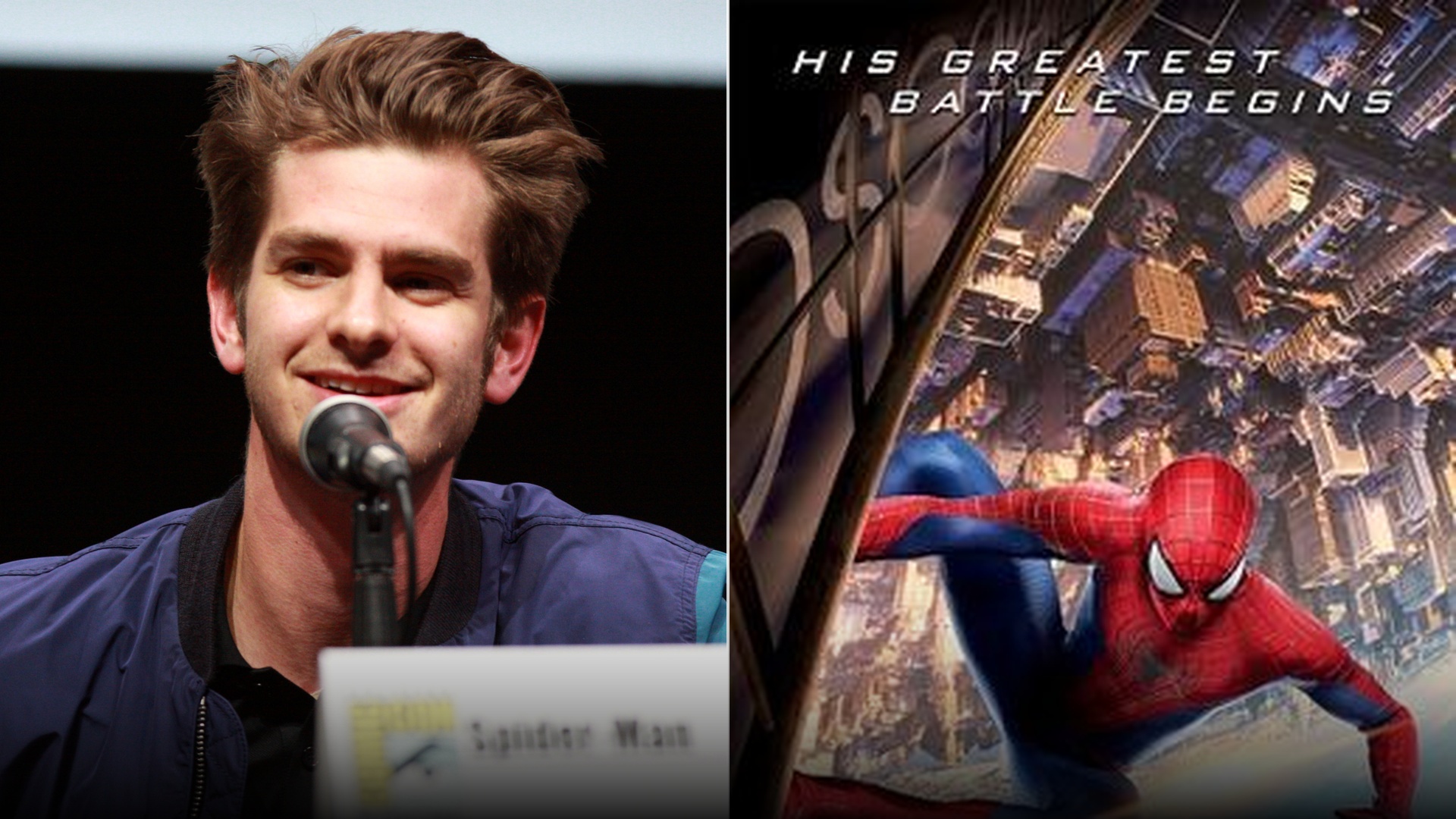 Split view of actor Andrew Garfield alongside the official The Amazing Spider-Man 2 theatrical poster.