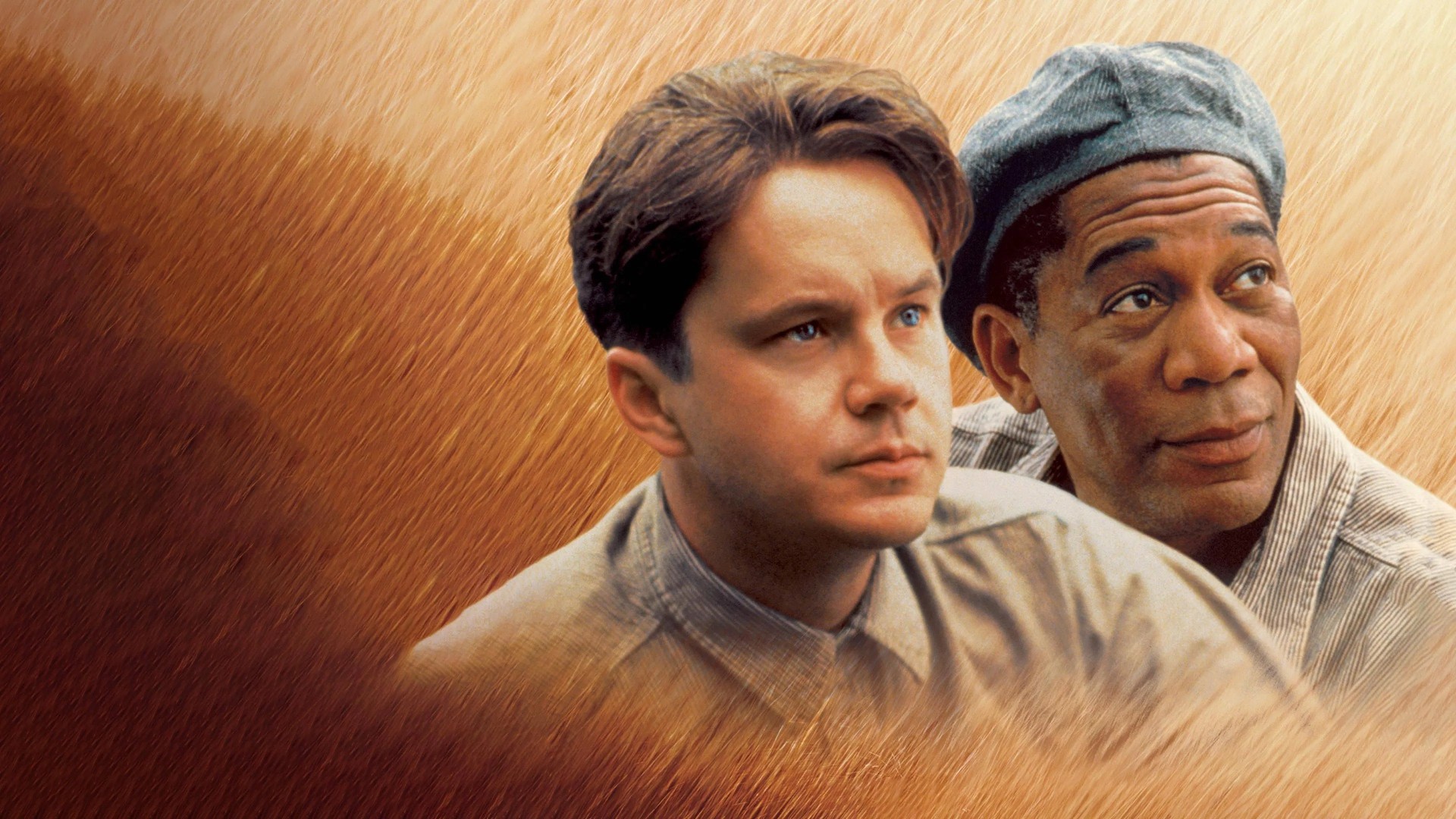 Andy Dufresne stands in the pouring rain with his arms wide open in triumph in The Shawshank Redemption.