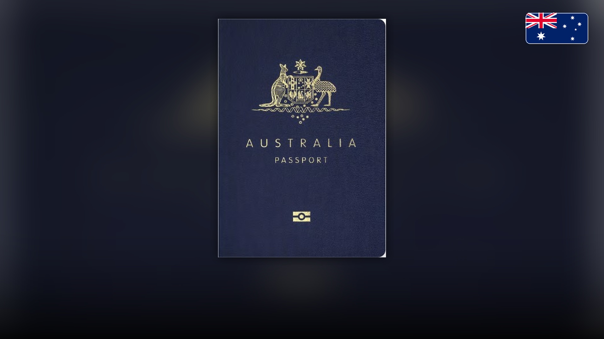 Dark blue cover of the Australian biometric passport with the kangaroo and emu coat of arms.
