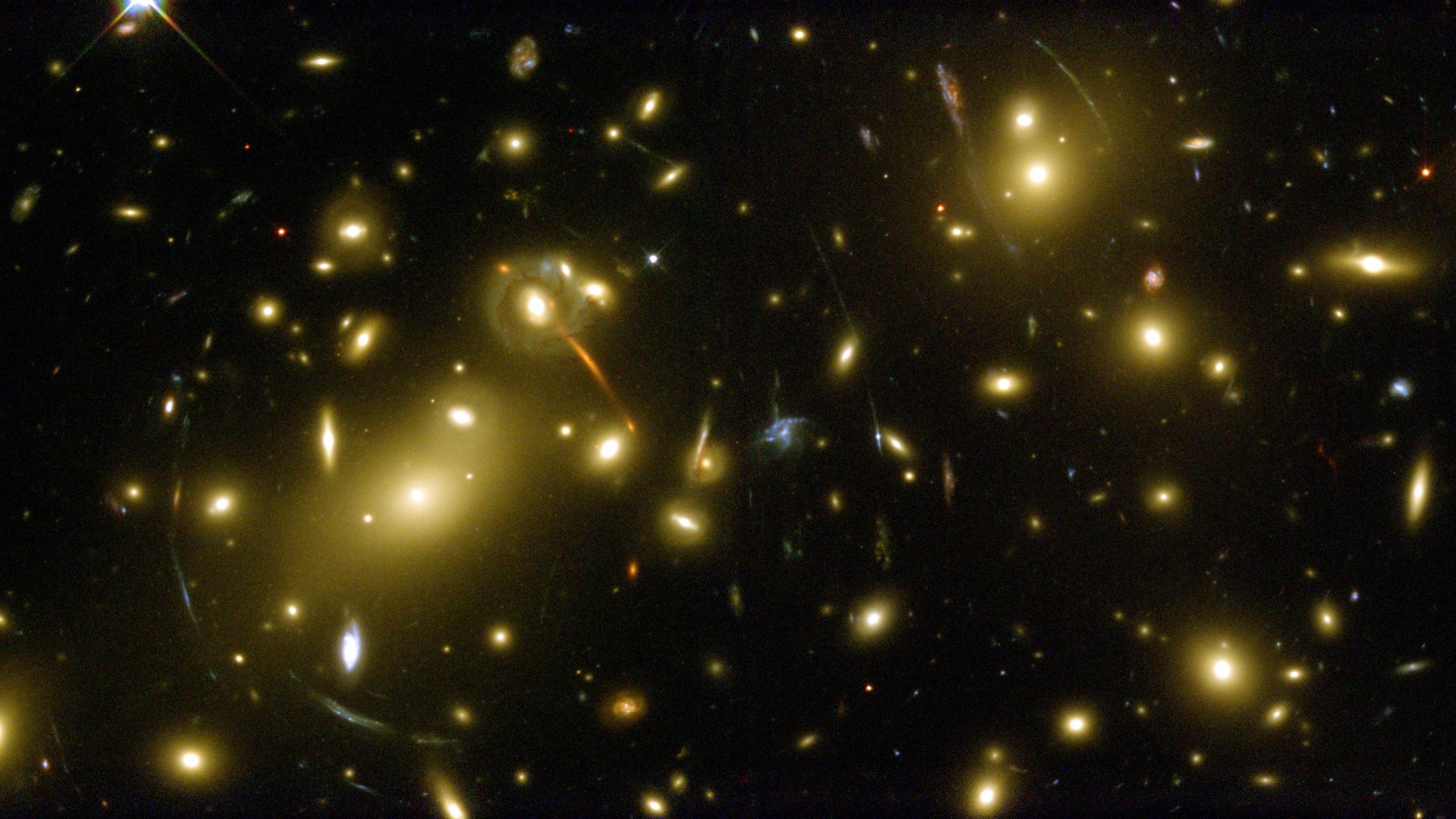 Hubble Space Telescope gravitational lensing portrait of dark matter galaxy cluster Abell 2218.