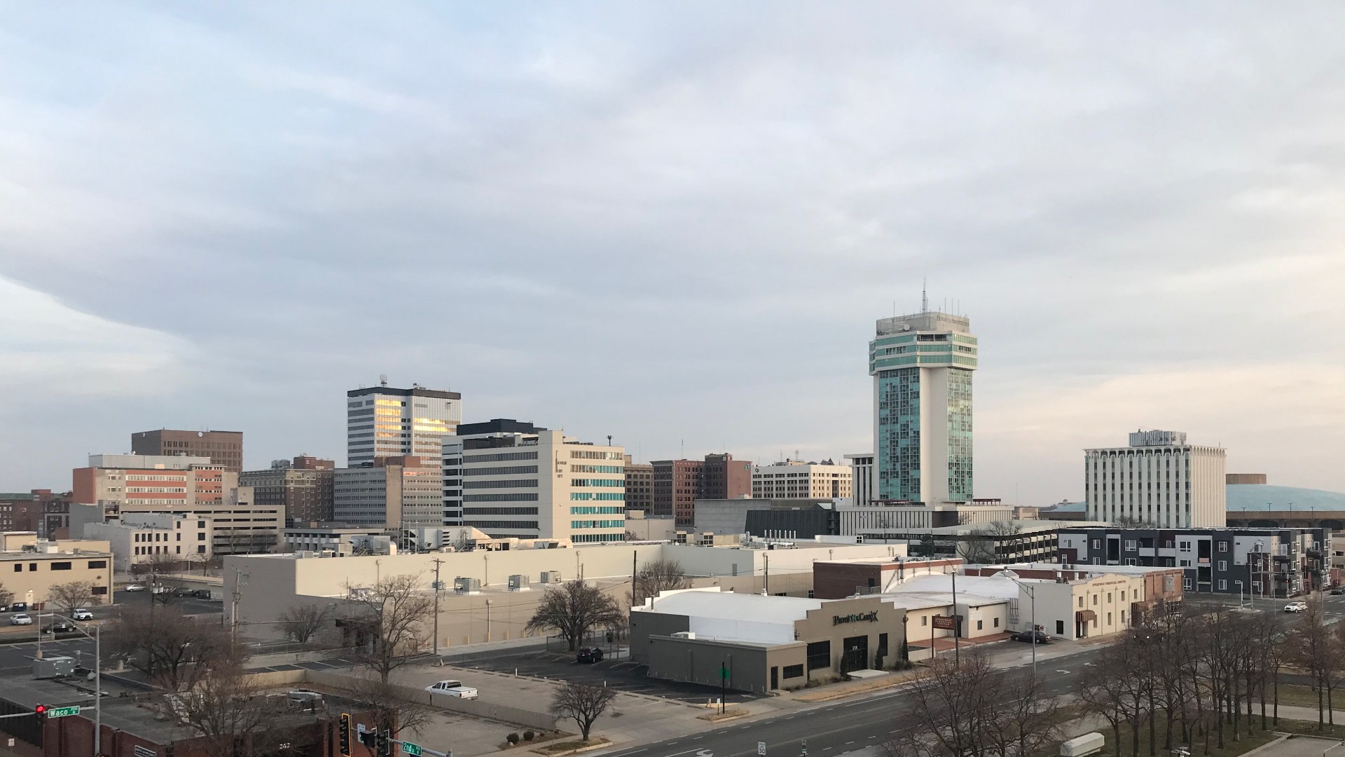 Downtown skyline of Wichita, Kansas along the river.