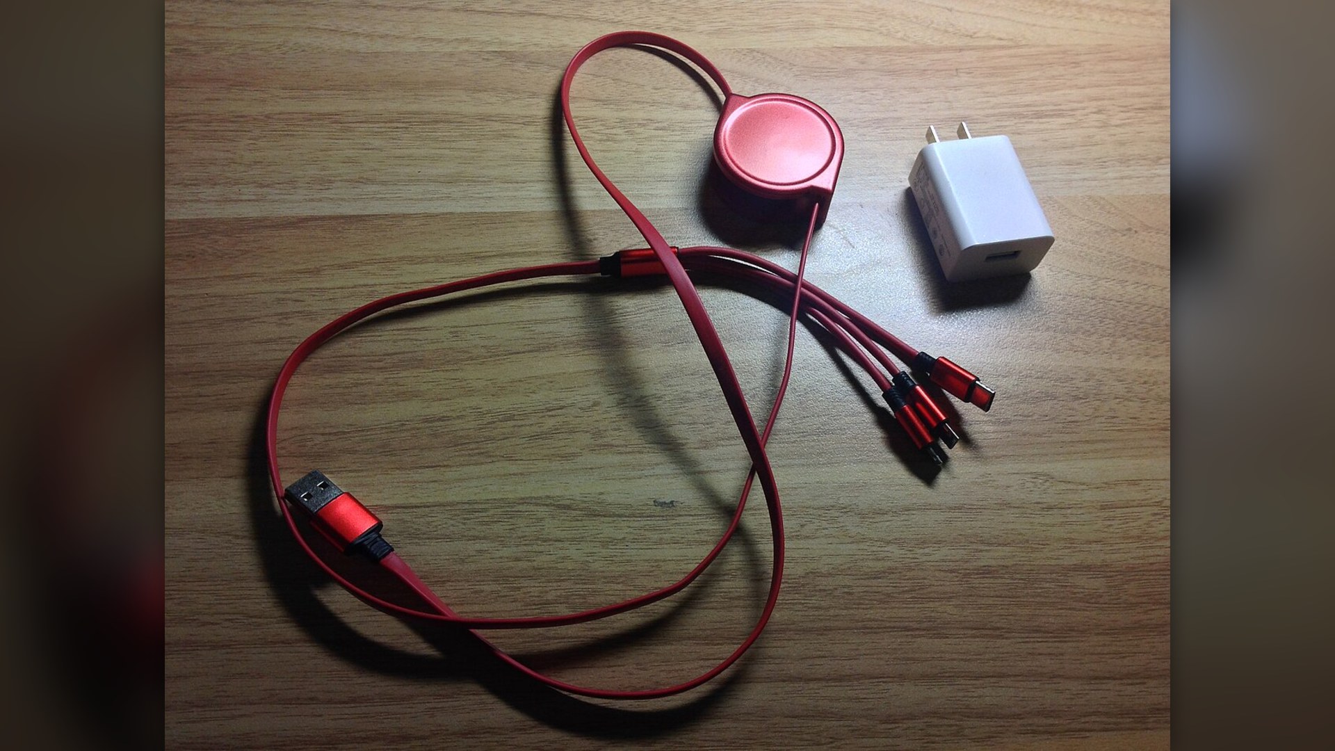 A multi-USB fast charging brick connected with multiple charging cables.