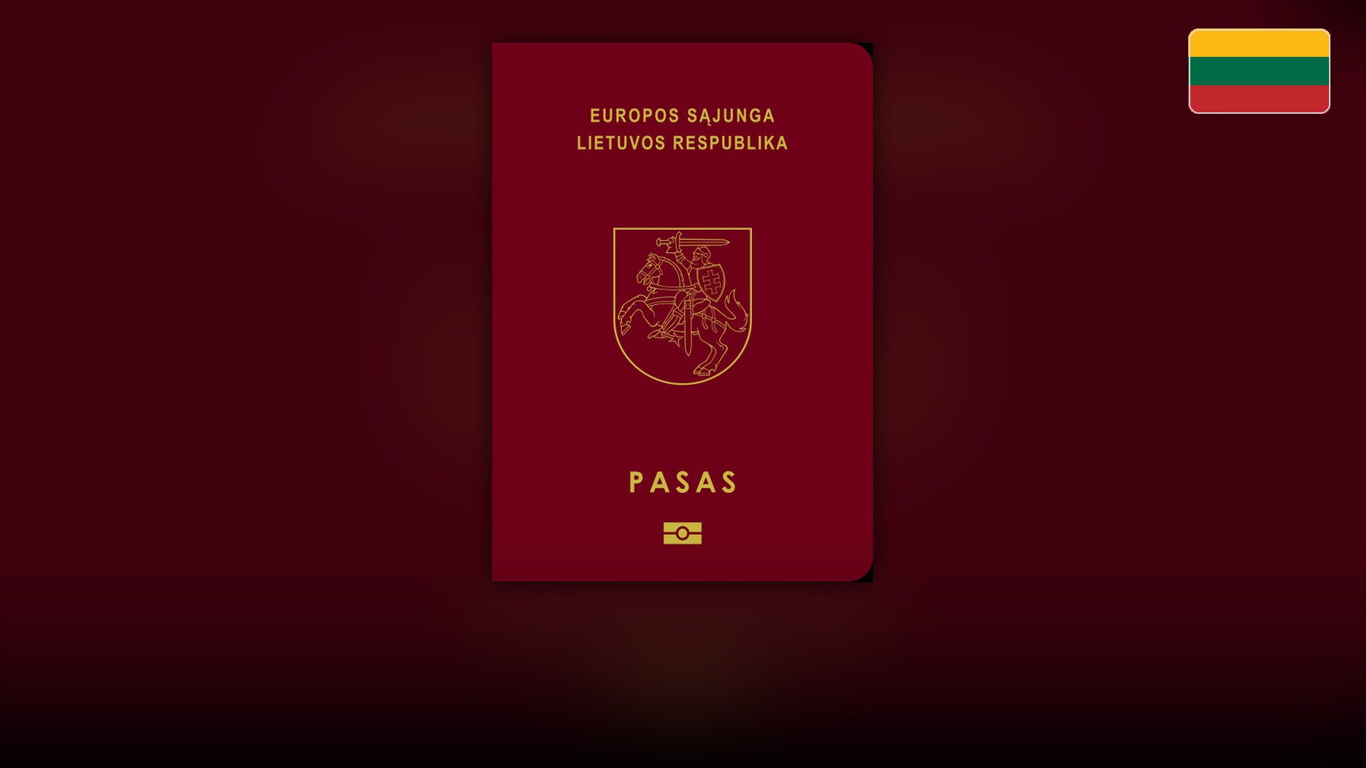 Burgundy Lithuanian passport cover with the Vytis mounted knight emblem in gold.