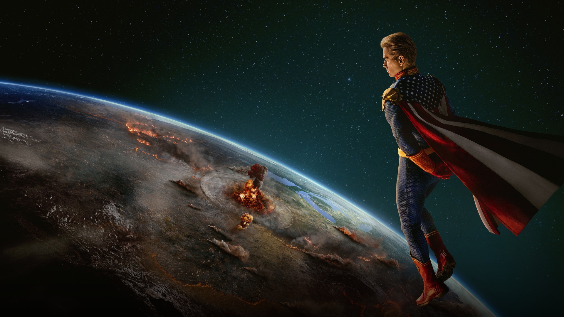 Antony Starr as Homelander with glowing red heat-vision eyes standing before a dark storm of lightning.