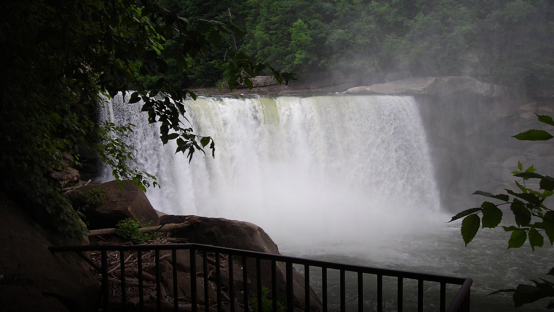Scenic overlook of Cumberland Falls and the river gorge in Kentucky.