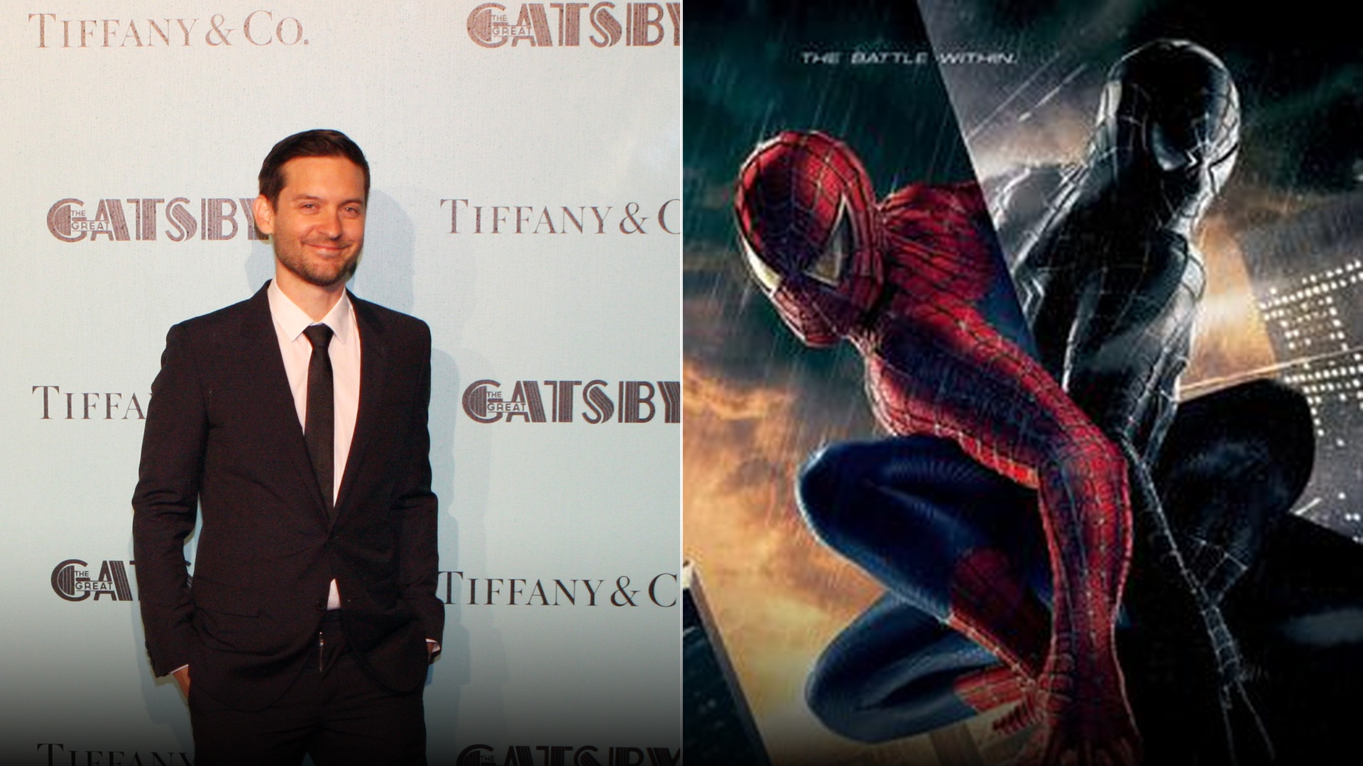 Split view of actor Tobey Maguire alongside the official Spider-Man 3 black-suit poster.
