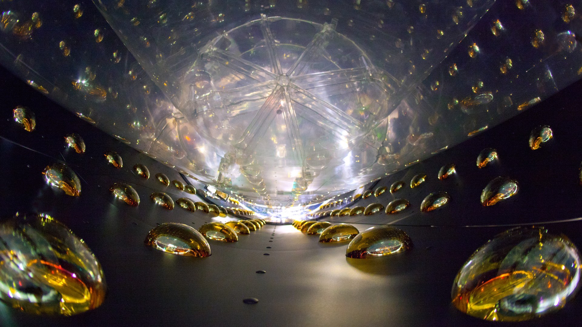 Inside the Daya Bay Antineutrino Detector lined with golden photomultiplier tubes.