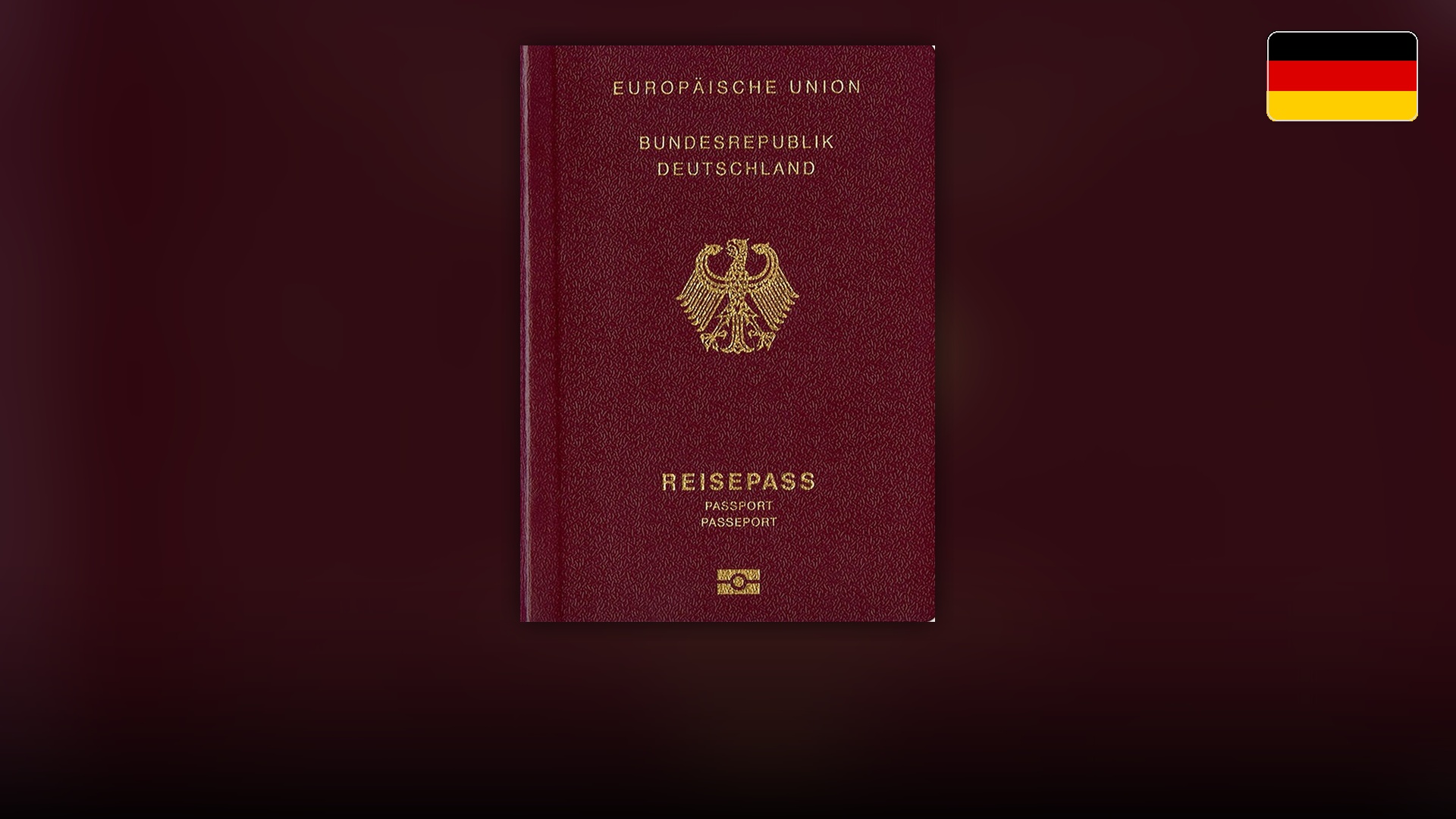 Burgundy German biometric passport cover featuring the Federal Eagle emblem.