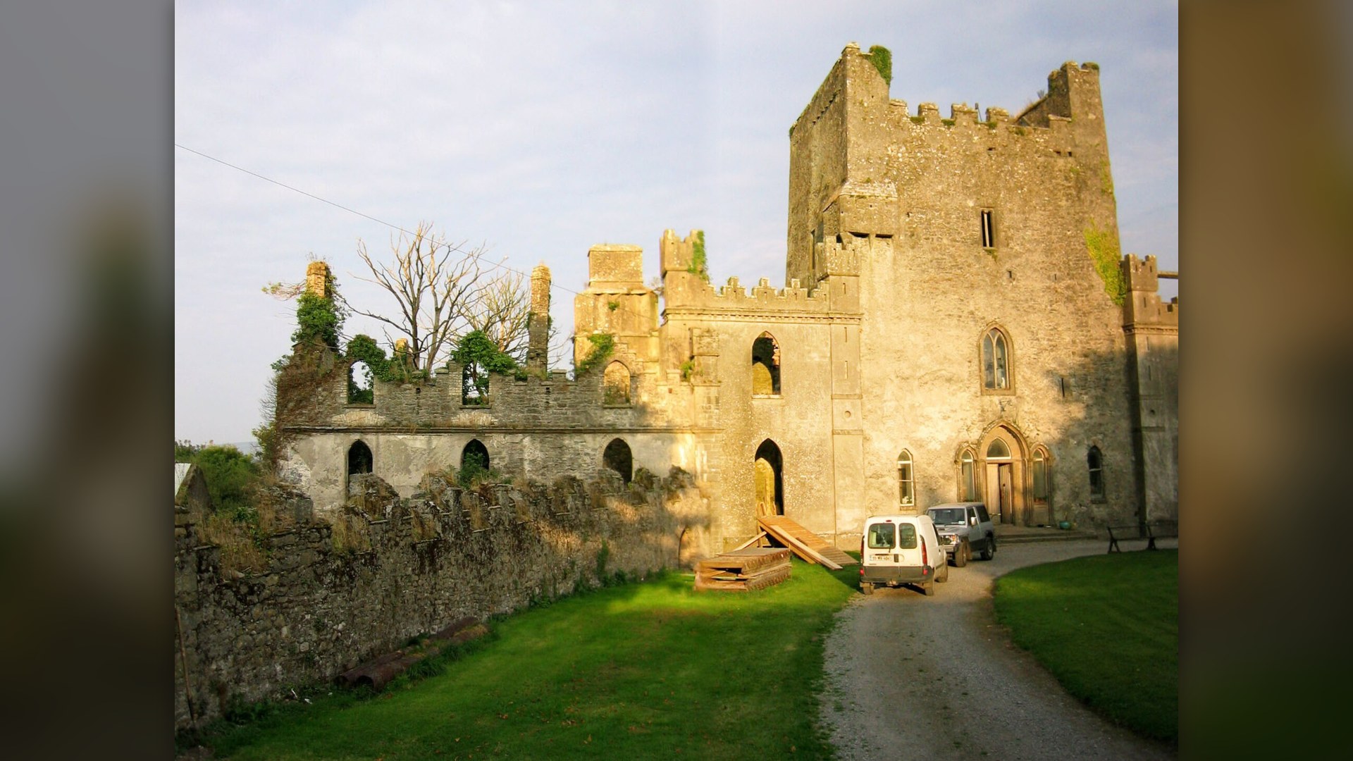 Ominous stone facade and central tower of Leap Castle in Ireland