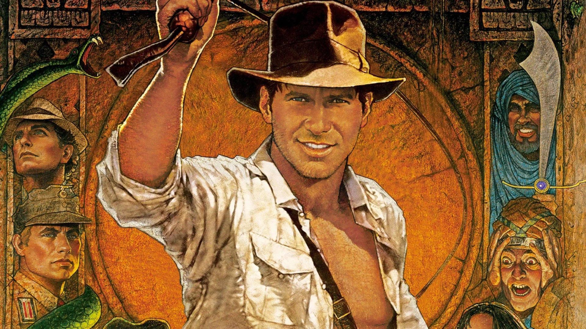 Indiana Jones runs through an ancient Peruvian temple as a massive stone boulder rumbles behind him in Raiders of the Lost Ark.