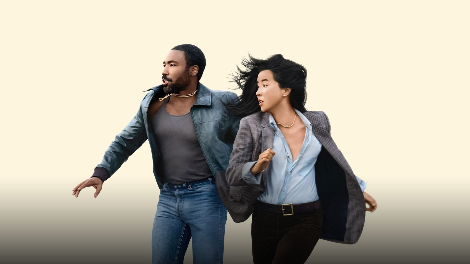 Donald Glover and Maya Erskine posing in elegant designer formal wear on a covert espionage assignment.