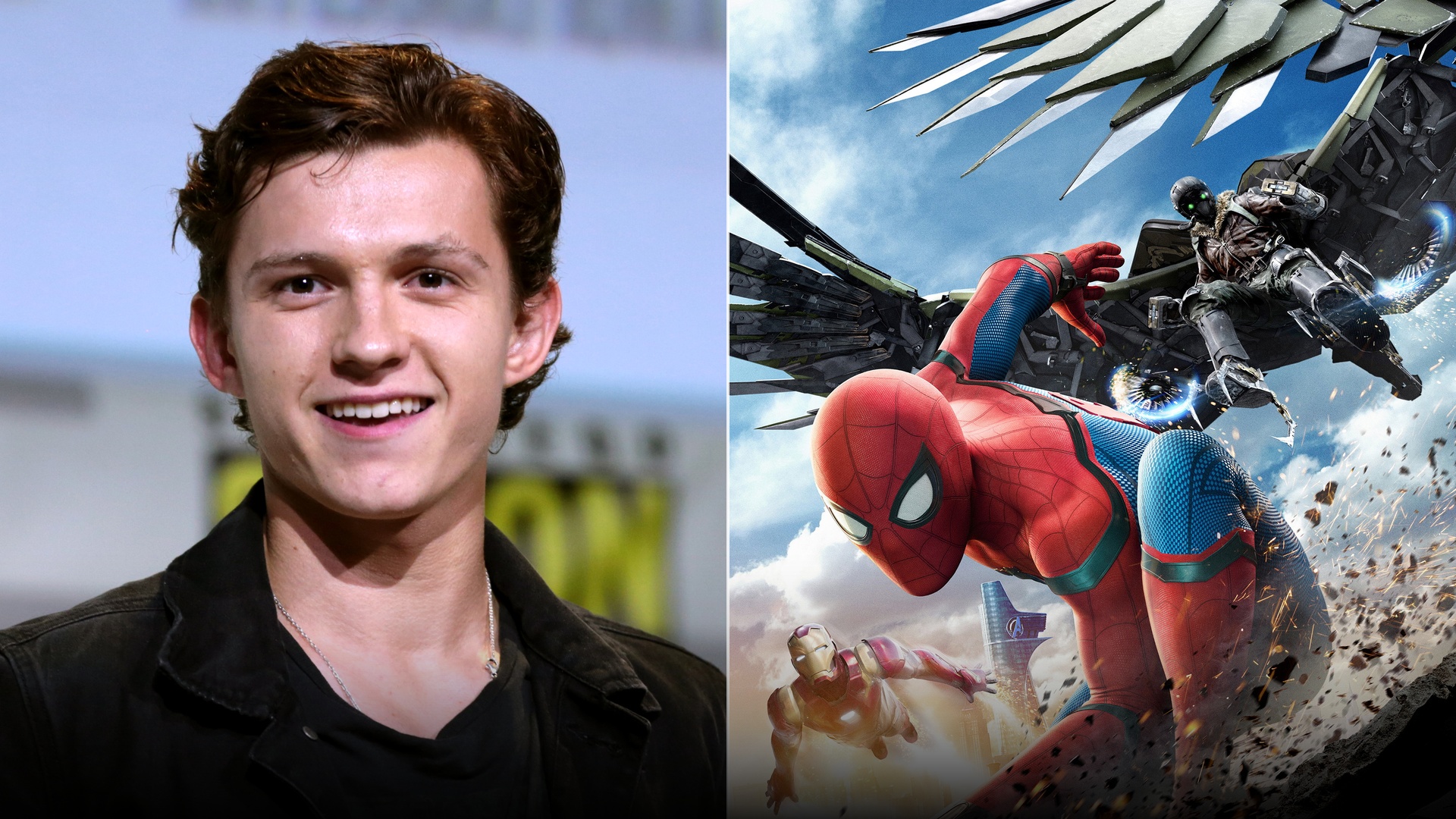 Split view of actor Tom Holland alongside the official Spider-Man: Homecoming poster.